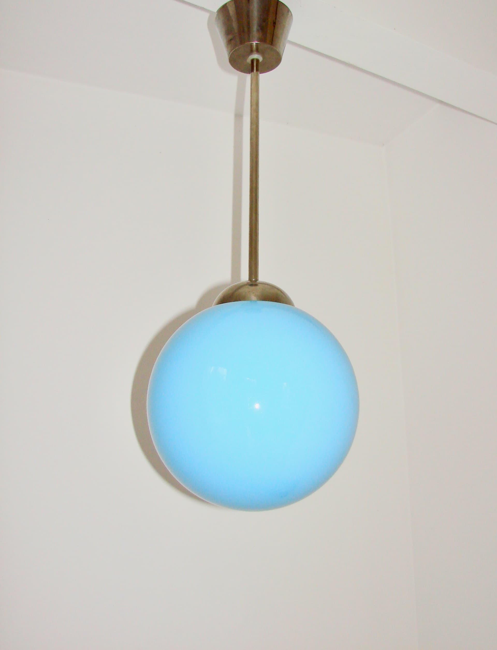 Pendant lamp, blue glass, nickel-plated brass, 1940s - 389525