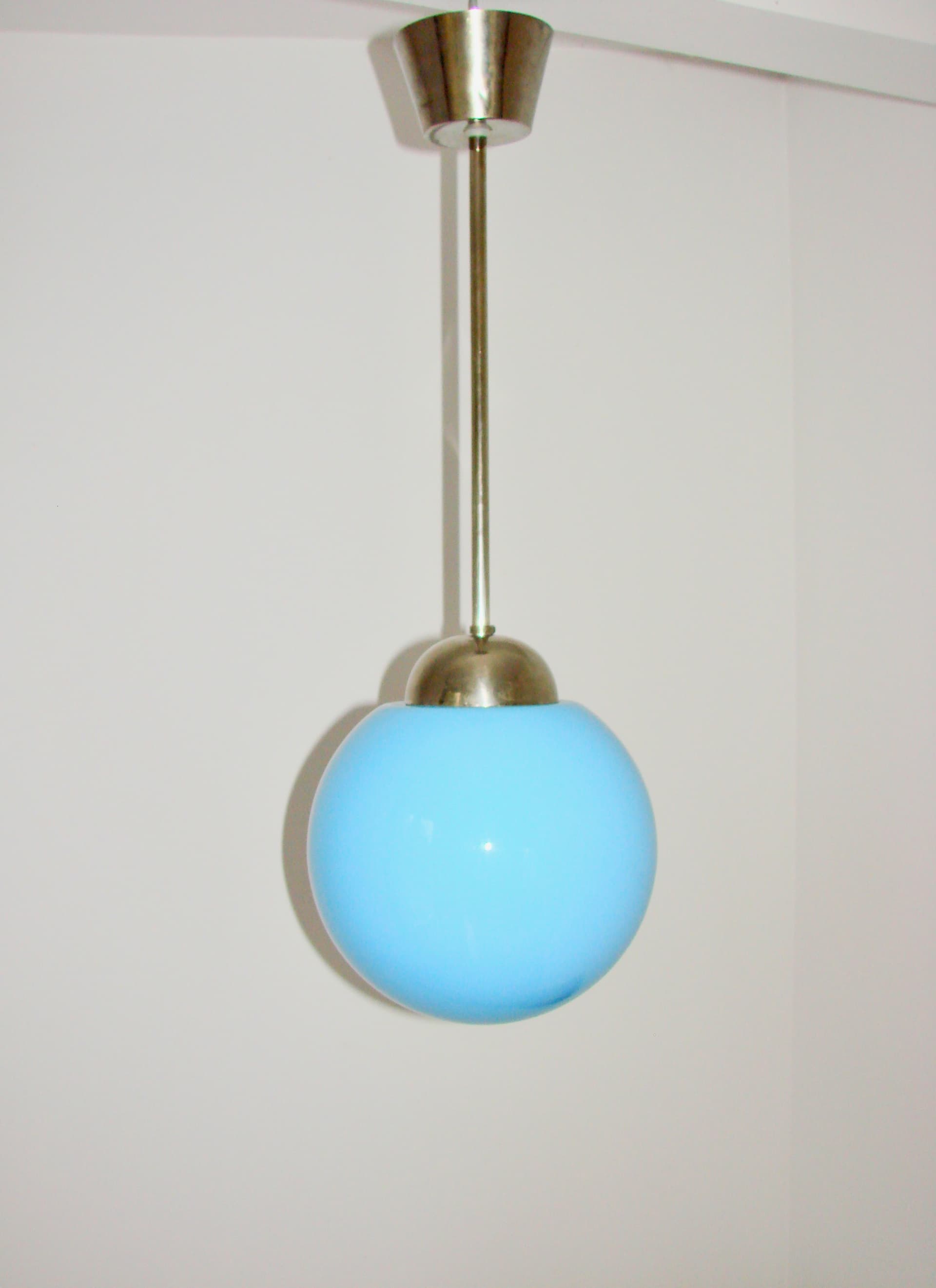 Pendant lamp, blue glass, nickel-plated brass, 1940s - 389526