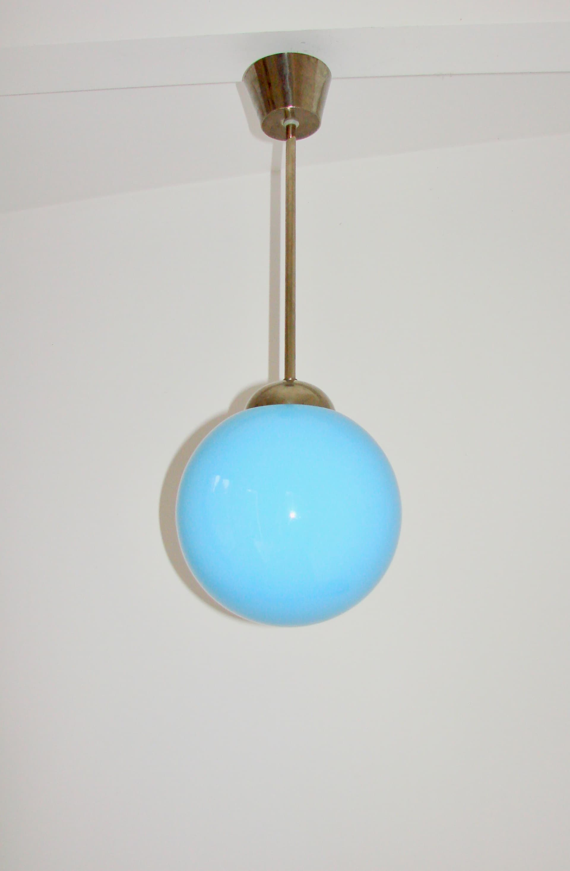 Pendant lamp, blue glass, nickel-plated brass, 1940s - 389524