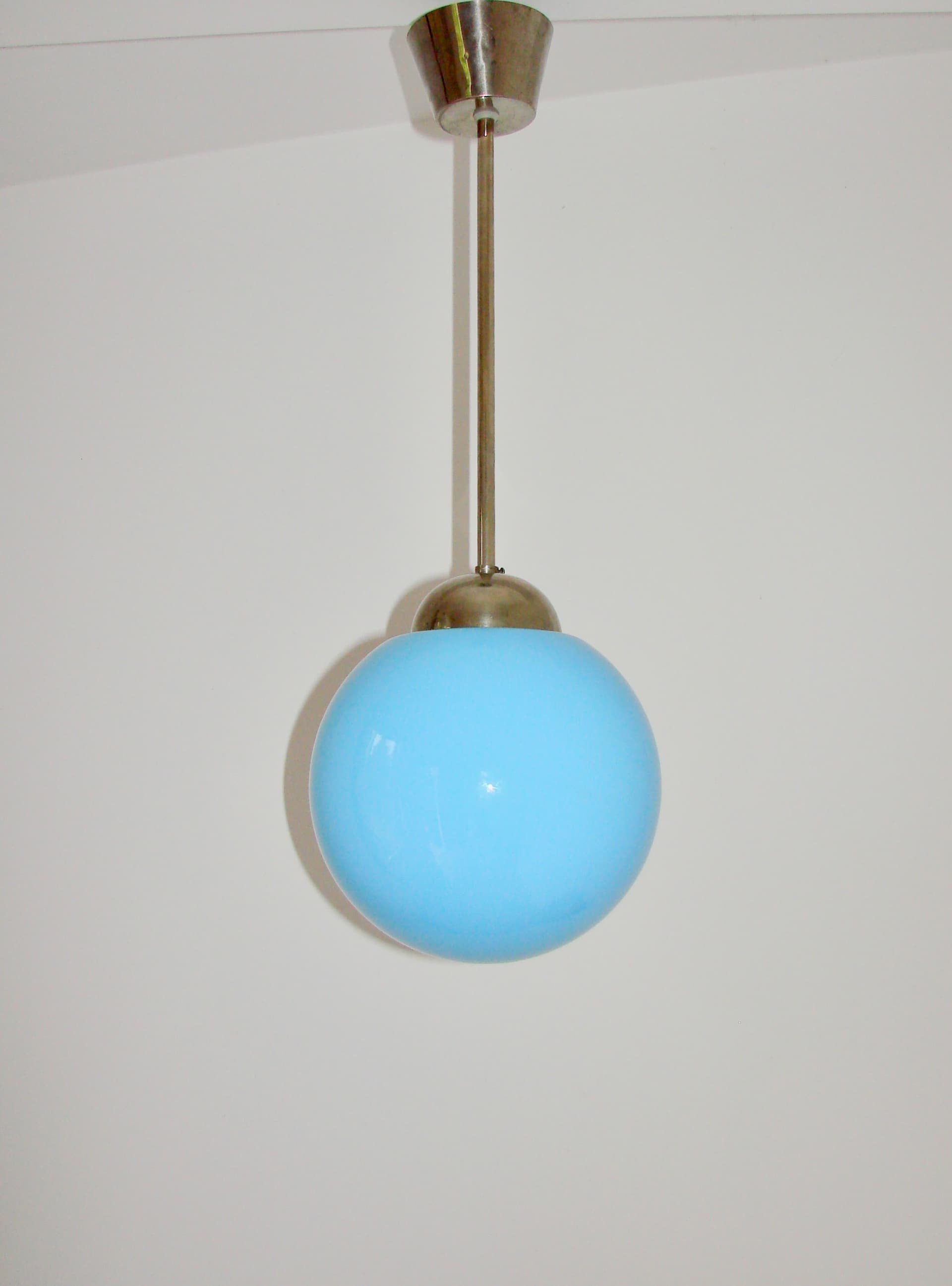 Pendant lamp, blue glass, nickel-plated brass, 1940s - 389523