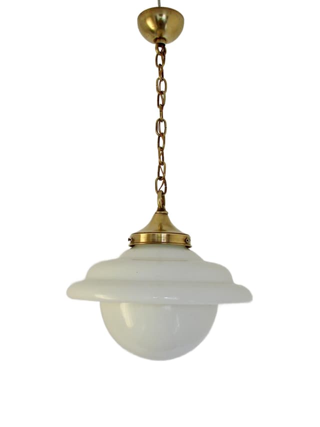 Pendant Lamp Modern Mid-Century, milky white glass, golden brass, 1940s. - DIMENSION