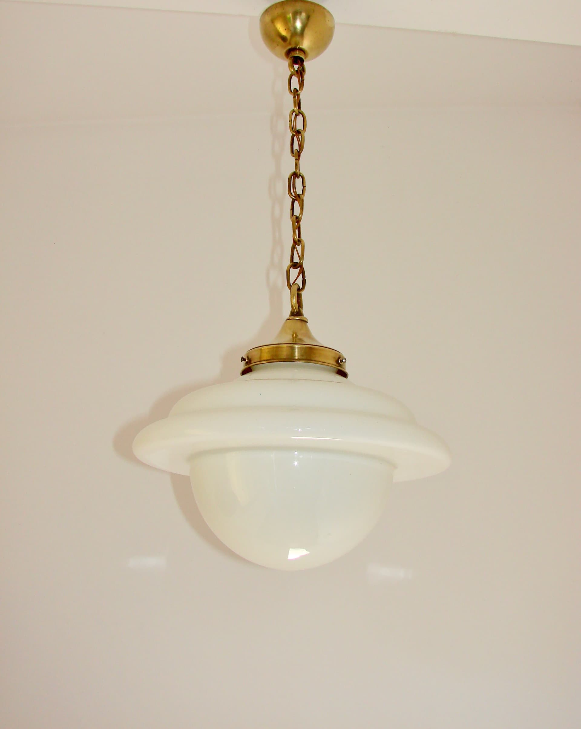 Pendant Lamp Modern Mid-Century, milky white glass, golden brass, 1940s. - 389576