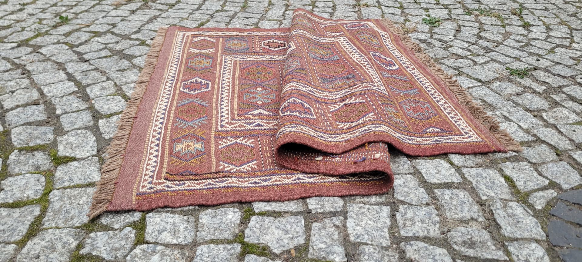 Kilim, nomadyczny, 120x77 cm, brązowy żółty niebieski biały, wełna, Afganistan, lata 70. - 389832