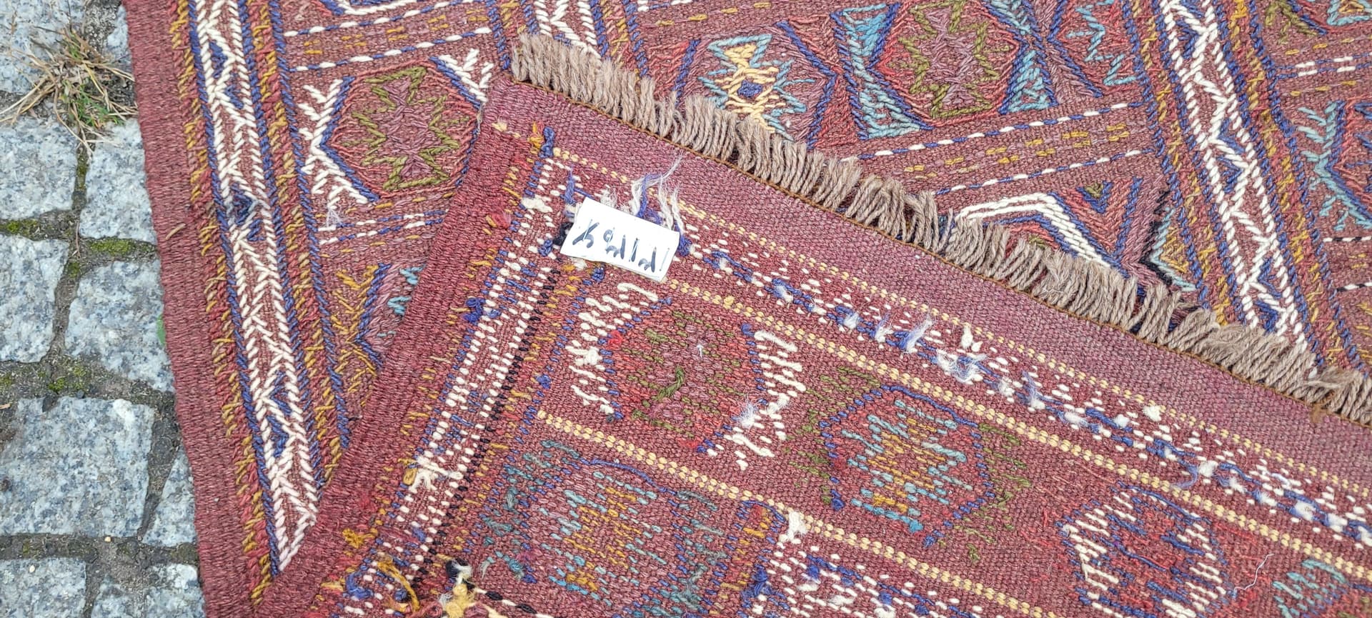 Kilim, nomadyczny, 120x77 cm, brązowy żółty niebieski biały, wełna, Afganistan, lata 70. - 389843
