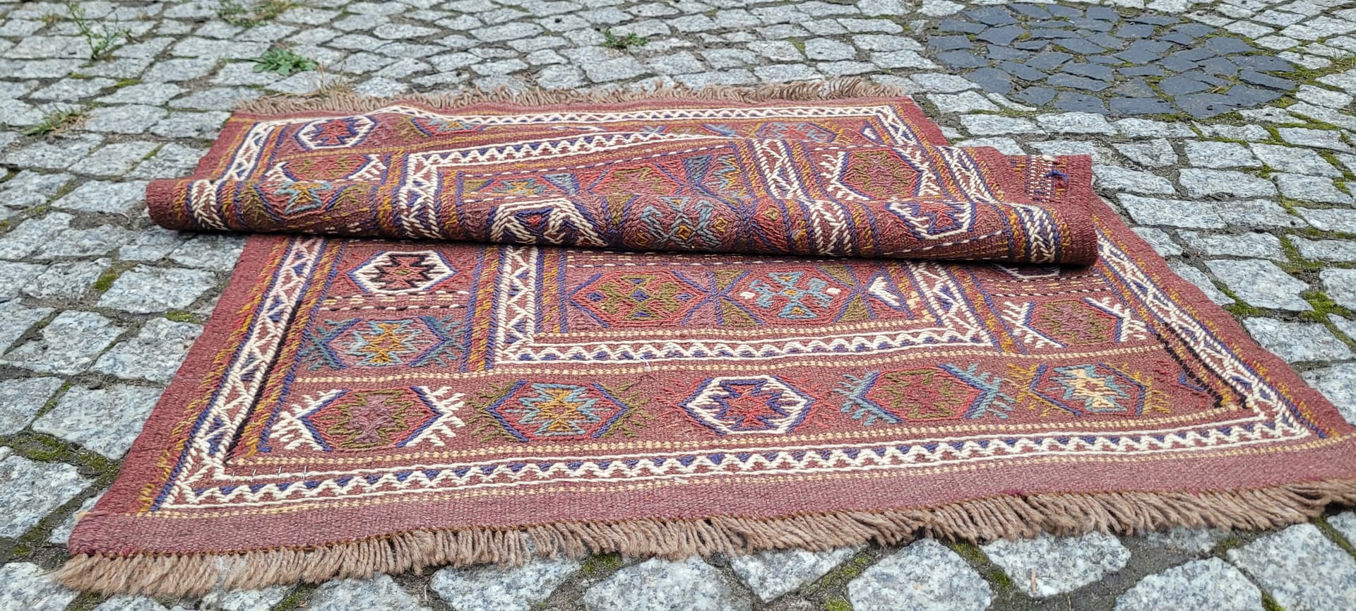 Kilim, nomadyczny, 120x77 cm, brązowy żółty niebieski biały, wełna, Afganistan, lata 70. - 389833