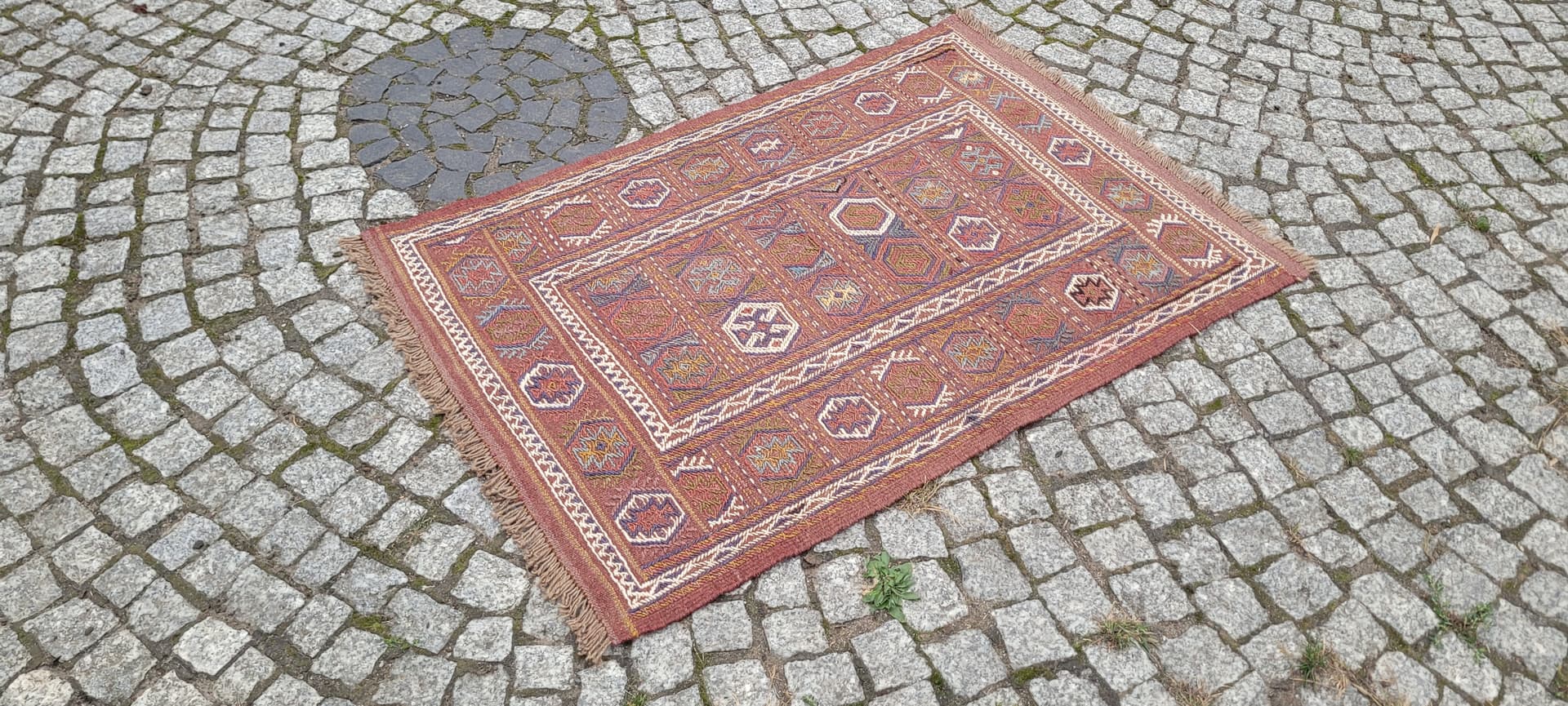 Kilim, nomadyczny, 120x77 cm, brązowy żółty niebieski biały, wełna, Afganistan, lata 70. - 389841