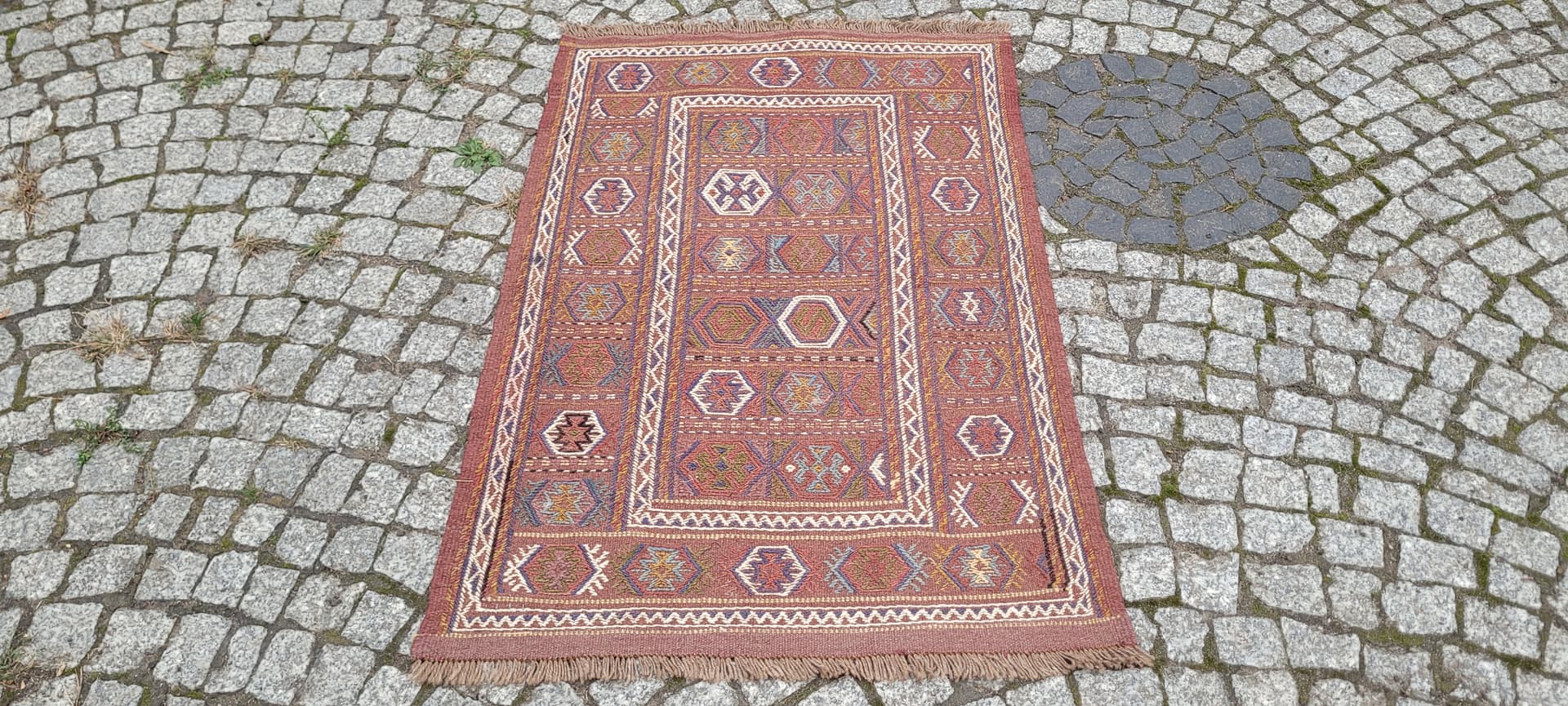 Kilim, nomadyczny, 120x77 cm, brązowy żółty niebieski biały, wełna, Afganistan, lata 70. - 389835