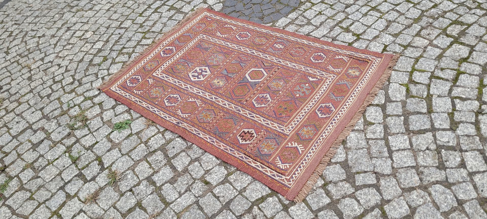 Kilim, nomadyczny, 120x77 cm, brązowy żółty niebieski biały, wełna, Afganistan, lata 70. - 389836