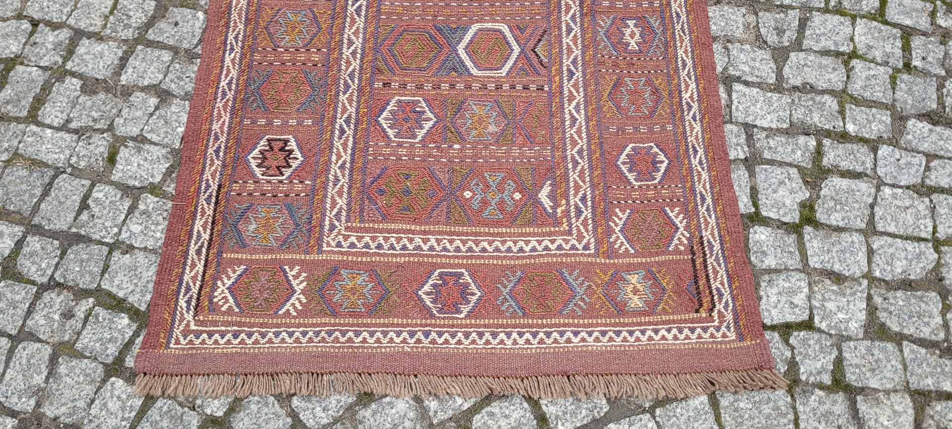 Kilim, nomadyczny, 120x77 cm, brązowy żółty niebieski biały, wełna, Afganistan, lata 70. - 389842