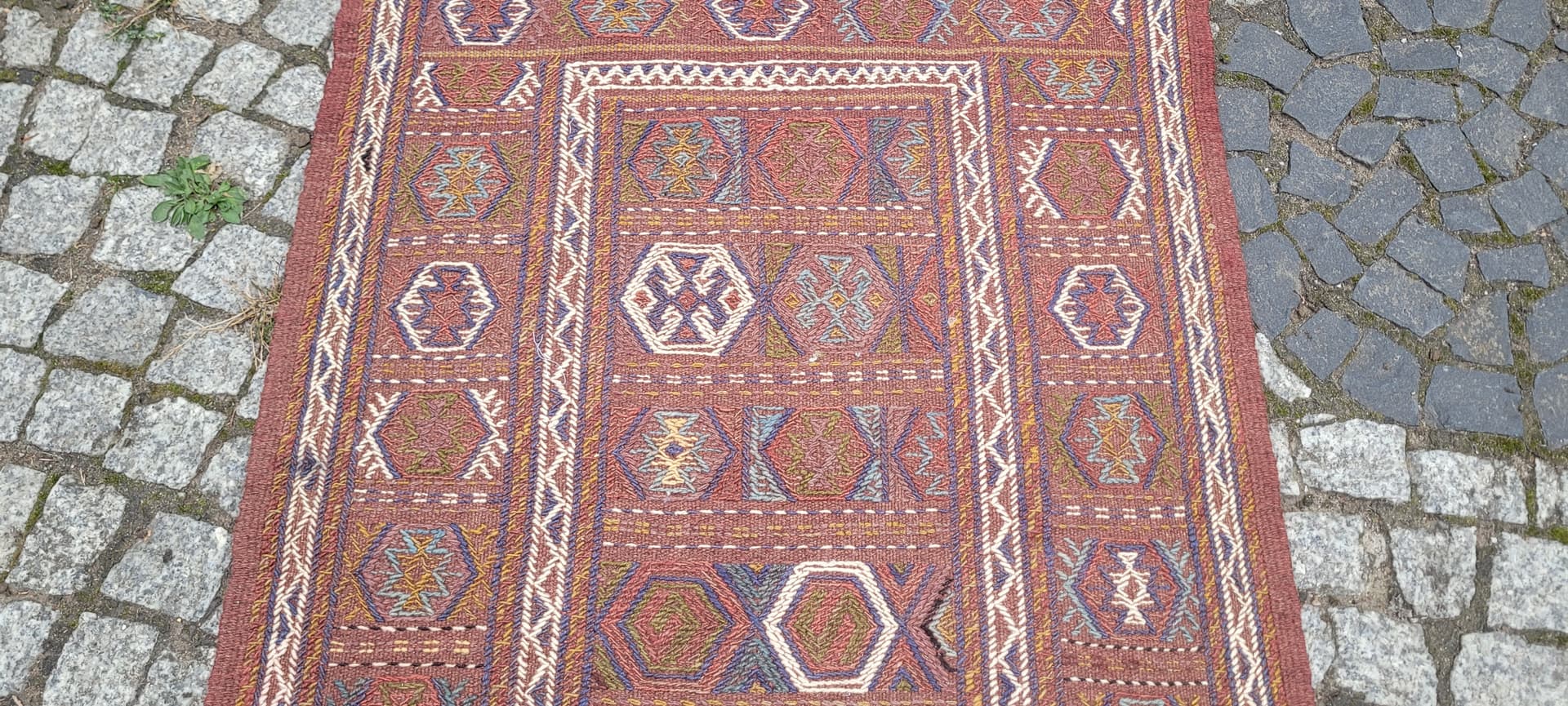 Kilim, nomadyczny, 120x77 cm, brązowy żółty niebieski biały, wełna, Afganistan, lata 70. - 389844