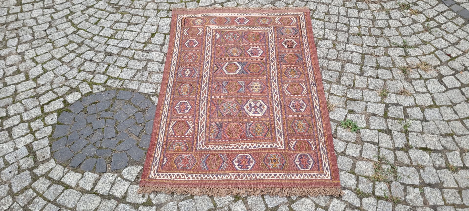 Kilim, nomadyczny, 120x77 cm, brązowy żółty niebieski biały, wełna, Afganistan, lata 70. - 389837