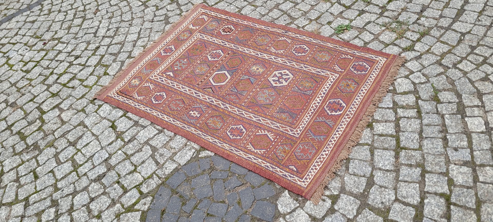 Kilim, nomadyczny, 120x77 cm, brązowy żółty niebieski biały, wełna, Afganistan, lata 70. - 389834
