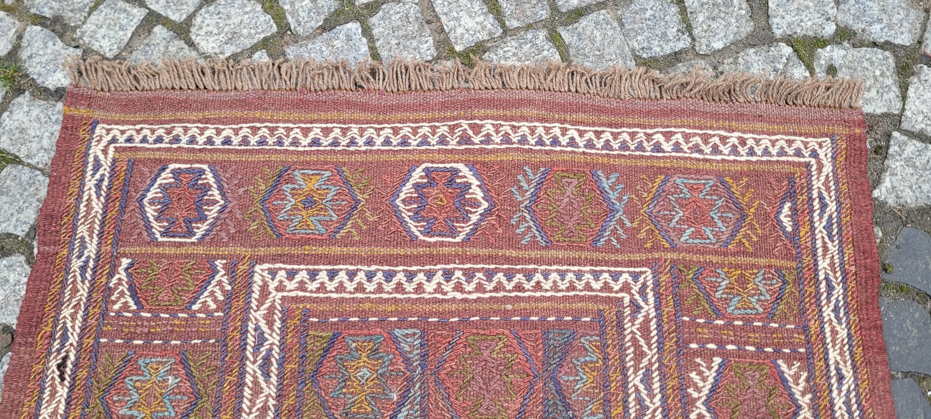 Kilim, nomadyczny, 120x77 cm, brązowy żółty niebieski biały, wełna, Afganistan, lata 70. - 389838