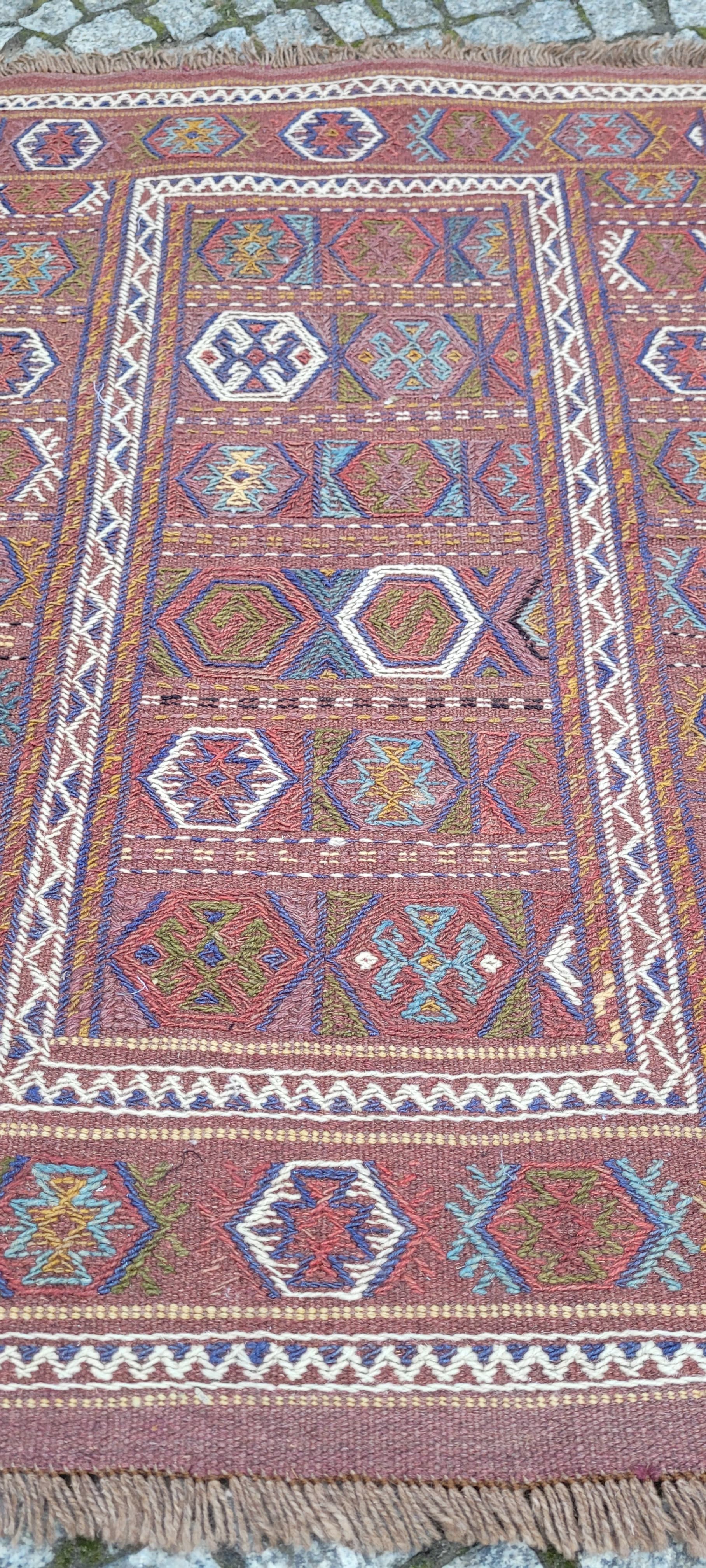 Kilim, nomadyczny, 120x77 cm, brązowy żółty niebieski biały, wełna, Afganistan, lata 70. - 389839