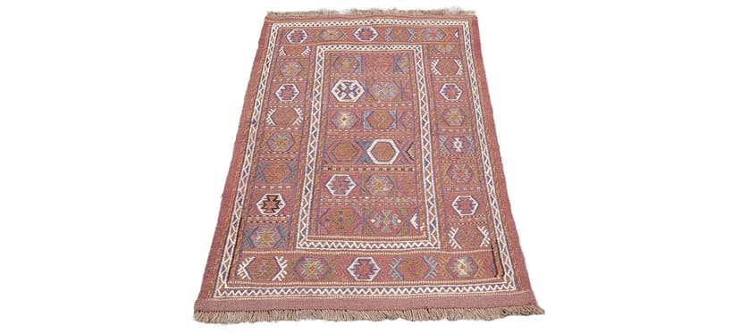 Kilim, nomadyczny, 120x77 cm, brązowy żółty niebieski biały, wełna, Afganistan, lata 70.