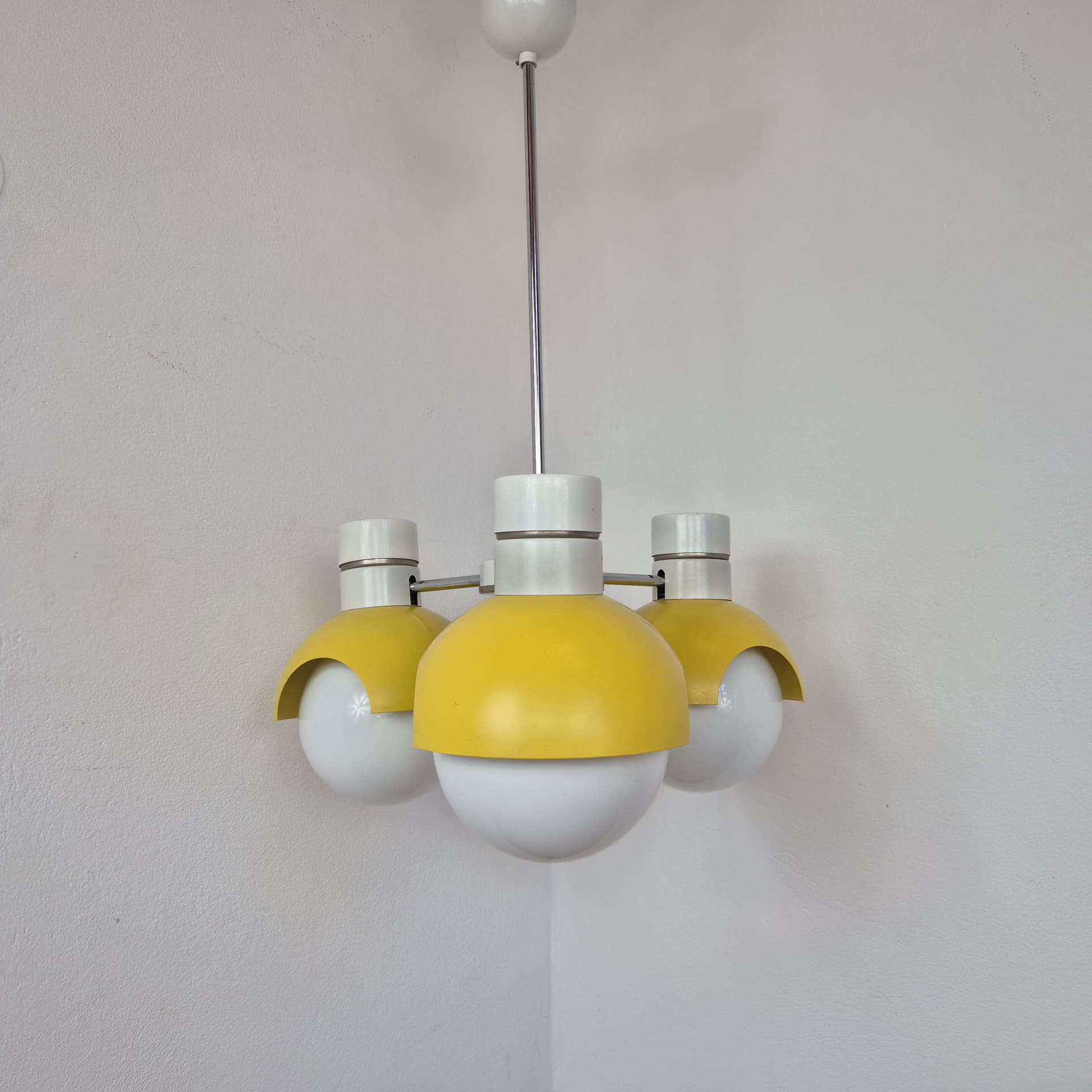 Chandelier TYP 81339, yellow metal, opaline glass, Napako, Czechoslovakia, 1960s. - 389847