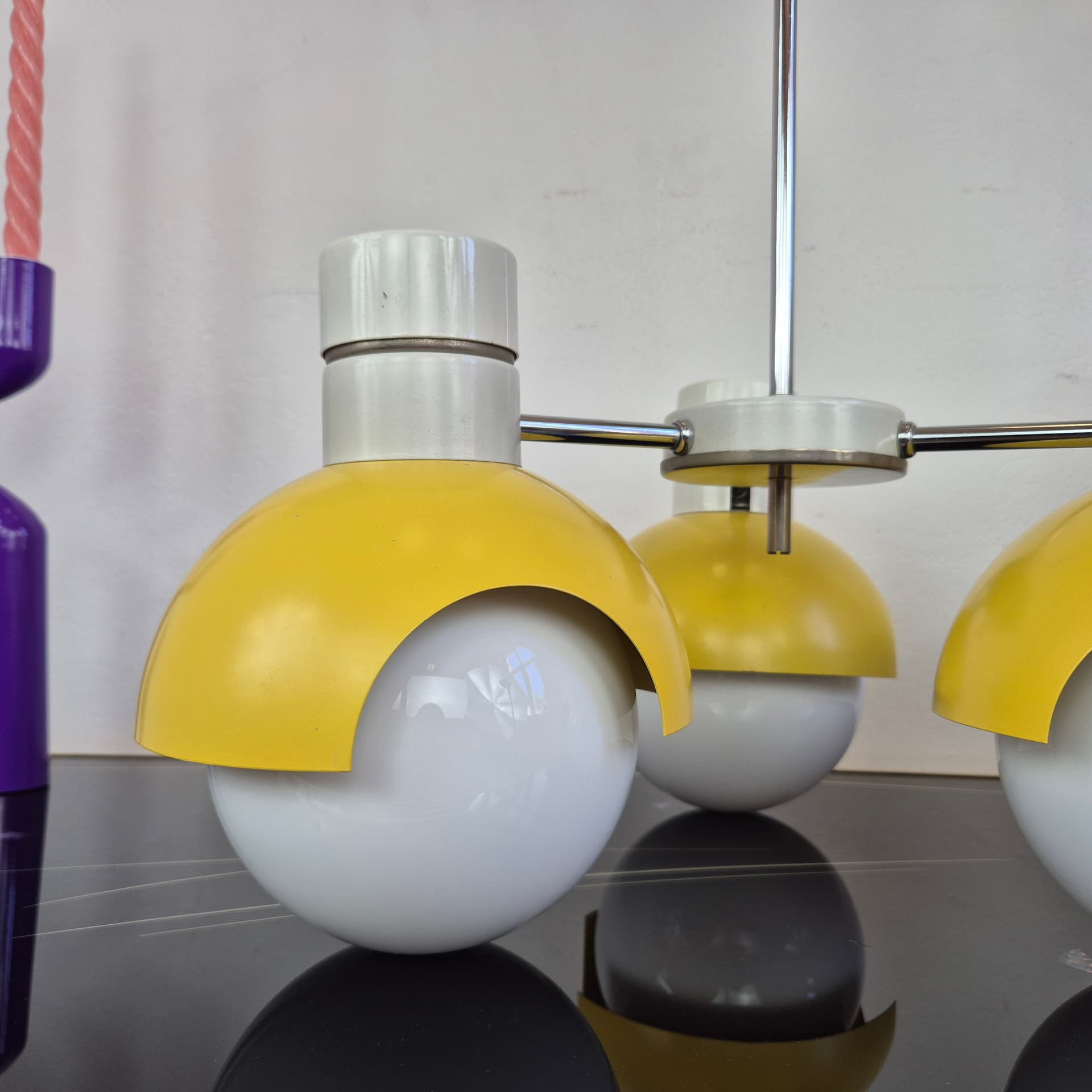 Chandelier TYP 81339, yellow metal, opaline glass, Napako, Czechoslovakia, 1960s. - 389849