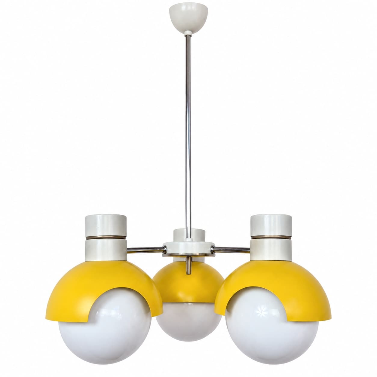 Chandelier TYP 81339, yellow metal, opaline glass, Napako, Czechoslovakia, 1960s.