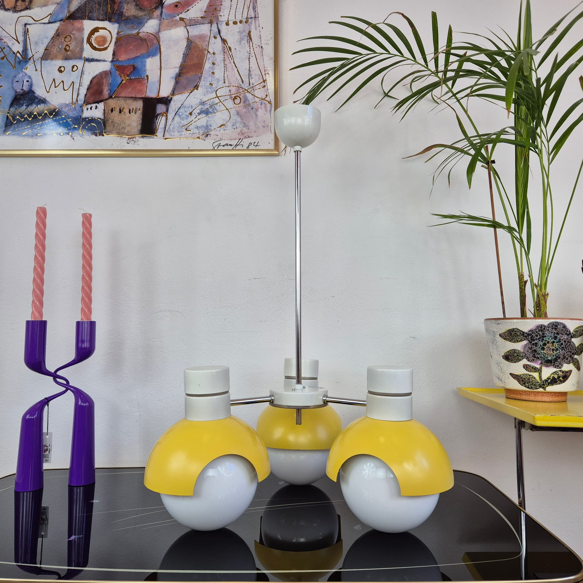 Chandelier TYP 81339, yellow metal, opaline glass, Napako, Czechoslovakia, 1960s. - 389858