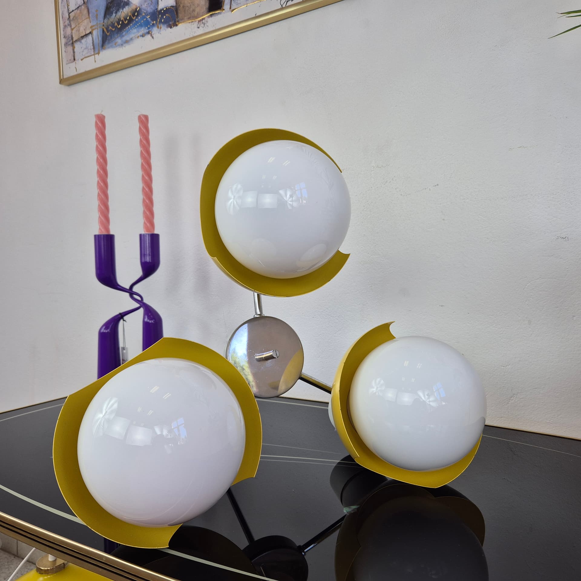 Chandelier TYP 81339, yellow metal, opaline glass, Napako, Czechoslovakia, 1960s. - 389857