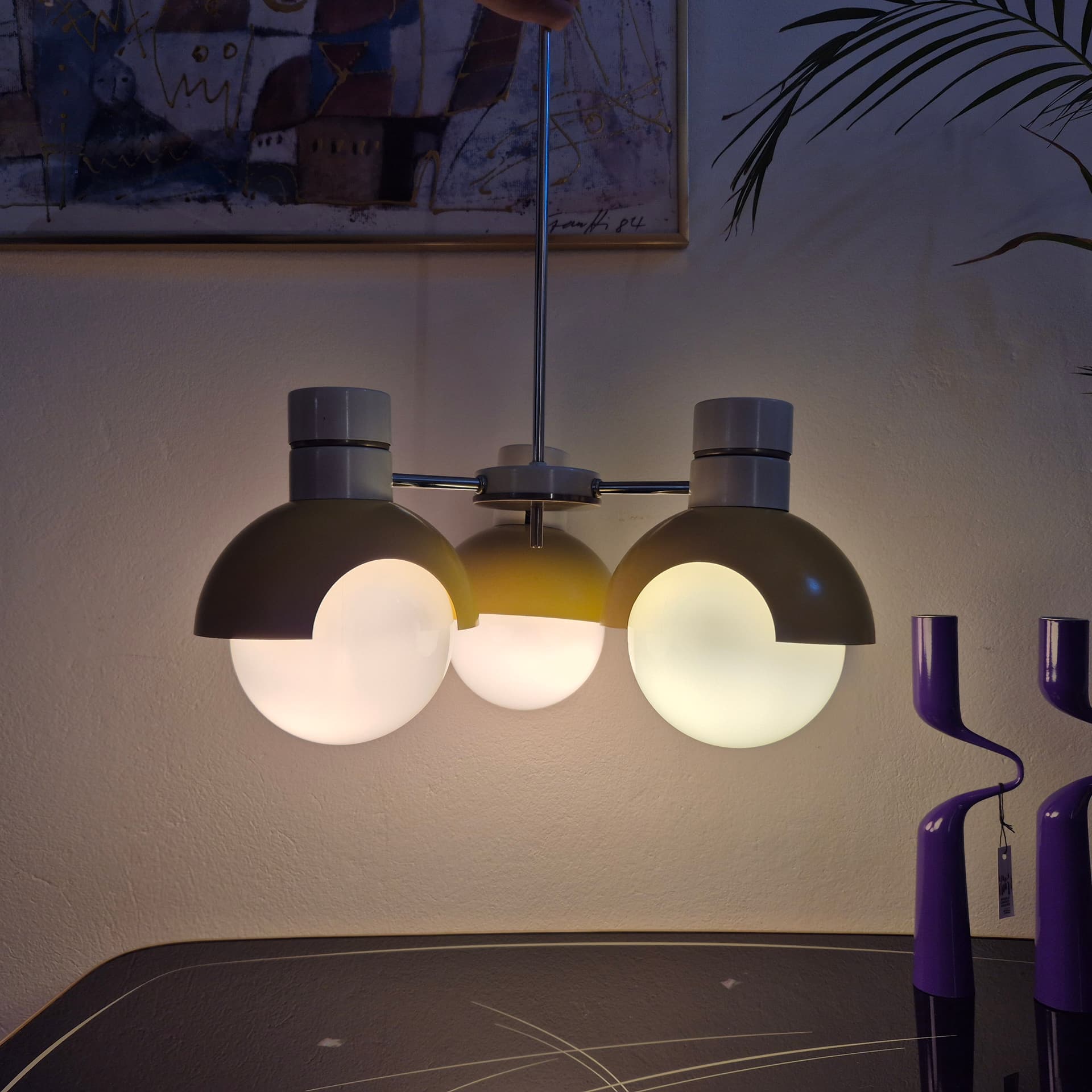 Chandelier TYP 81339, yellow metal, opaline glass, Napako, Czechoslovakia, 1960s. - 389856
