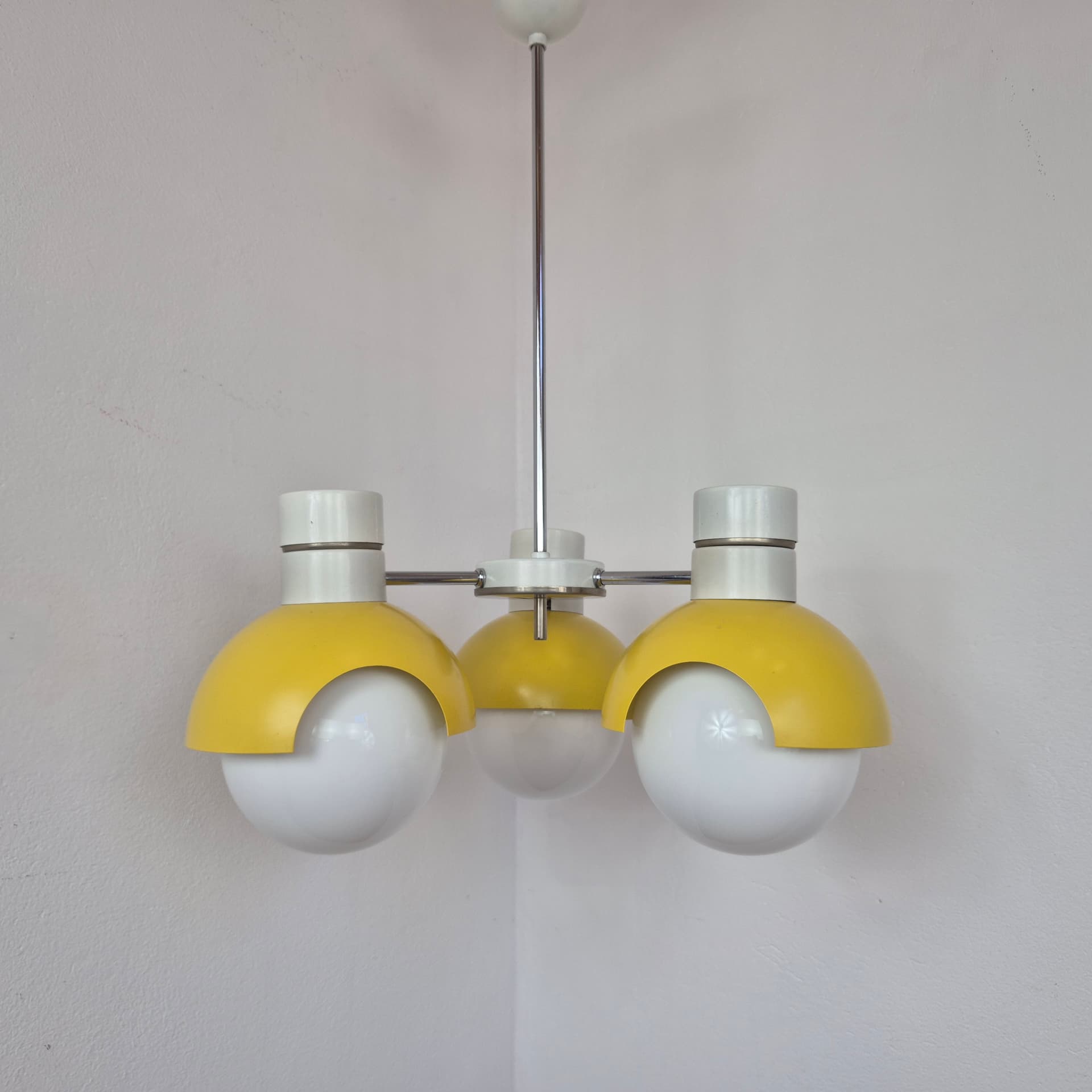 Chandelier TYP 81339, yellow metal, opaline glass, Napako, Czechoslovakia, 1960s. - 389846