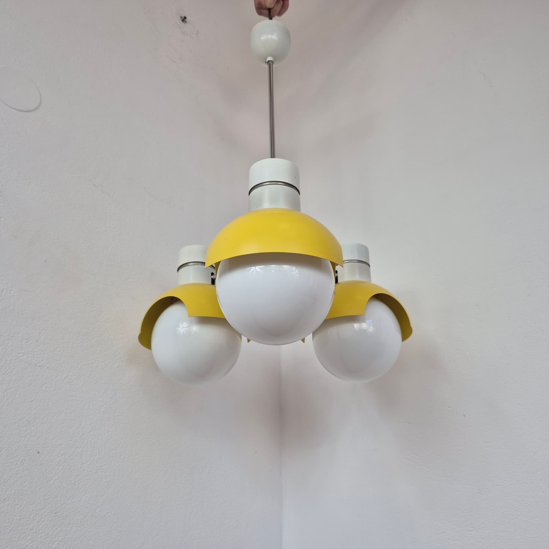 Chandelier TYP 81339, yellow metal, opaline glass, Napako, Czechoslovakia, 1960s. - 389848