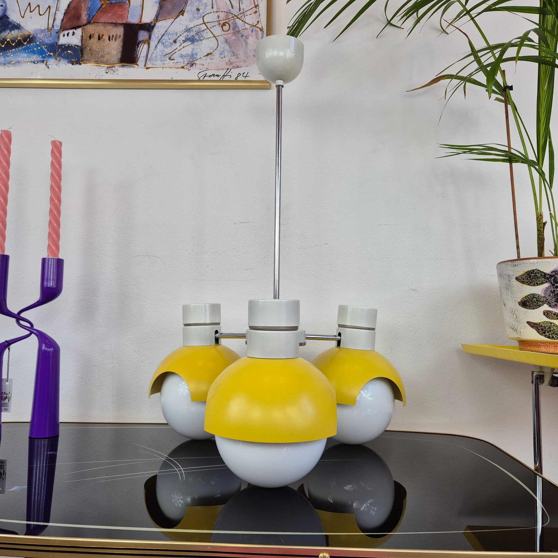 Chandelier TYP 81339, yellow metal, opaline glass, Napako, Czechoslovakia, 1960s. - 389854