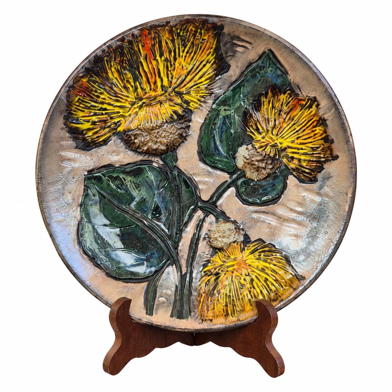 Wall decoration, beige yellow orange green ceramic, Ruscha, Germany, 1970s.