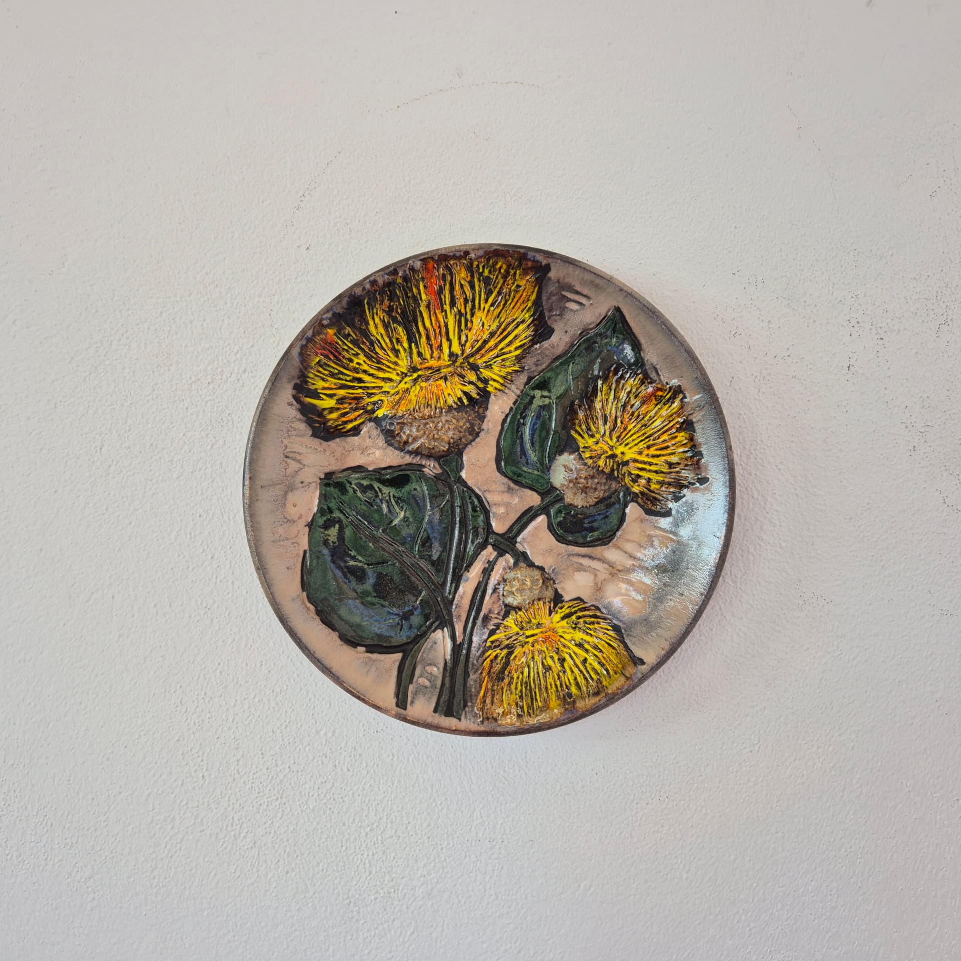 Wall decoration, beige yellow orange green ceramic, Ruscha, Germany, 1970s. - 389878
