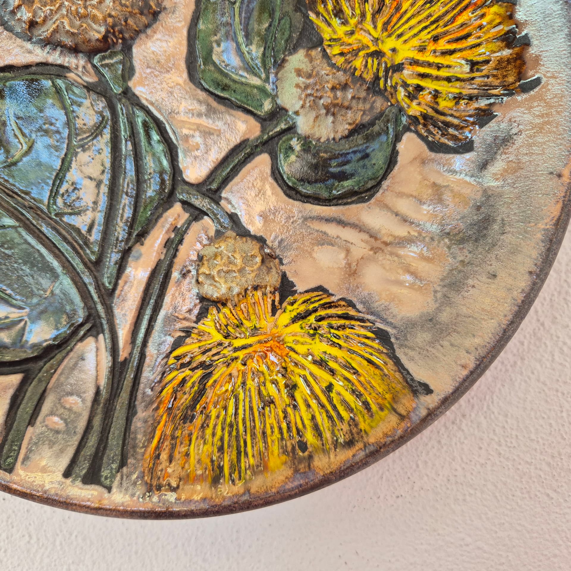 Wall decoration, beige yellow orange green ceramic, Ruscha, Germany, 1970s. - 389883