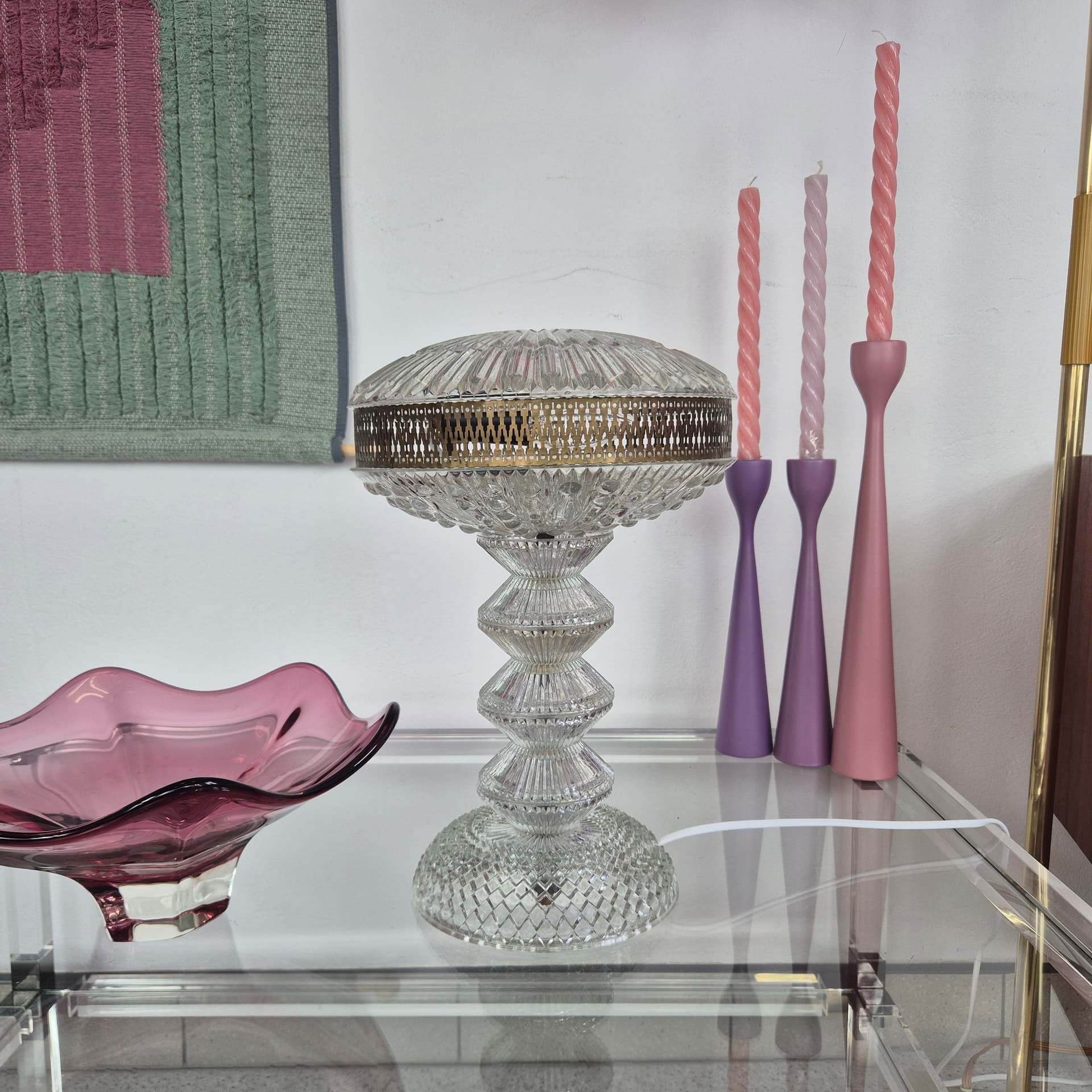 Lampa stołowa Polam Pułtusk, szkło przezroczyste, metal srebrny, Polska, lata 70. - 389944
