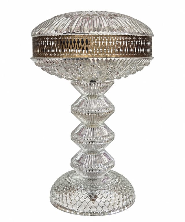 Lampa stołowa Polam Pułtusk, szkło przezroczyste, metal srebrny, Polska, lata 70. - WYMIARY