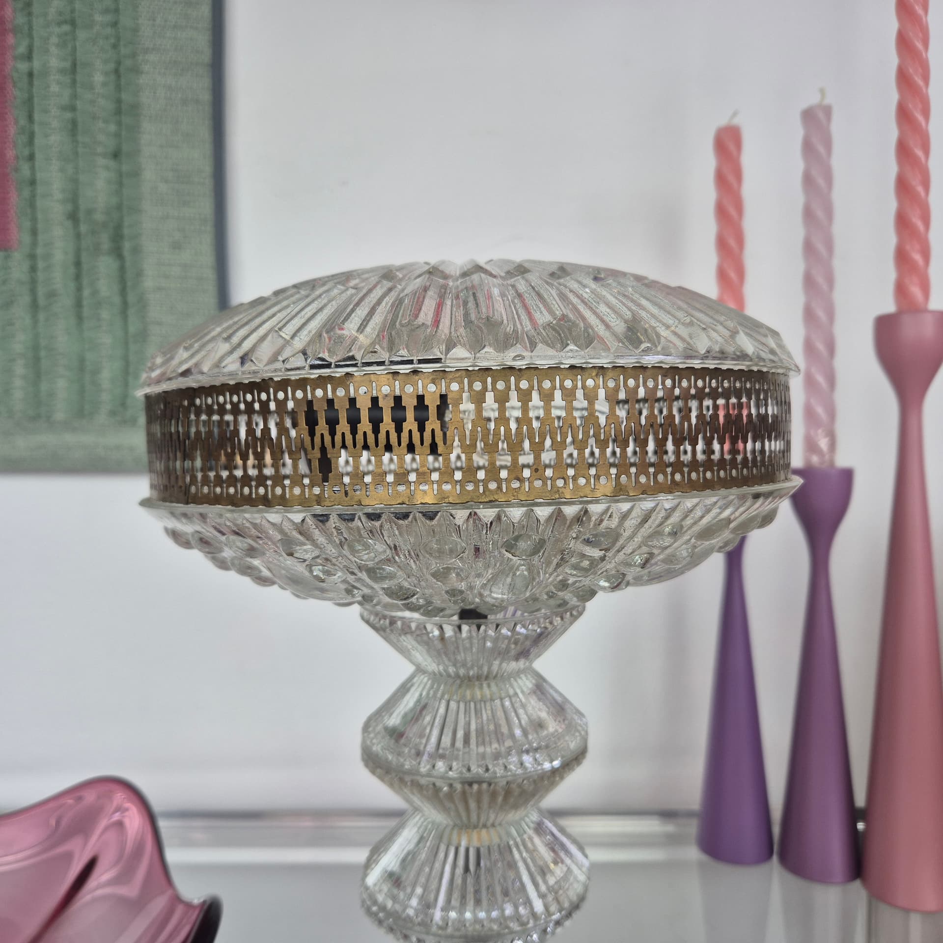 Lampa stołowa Polam Pułtusk, szkło przezroczyste, metal srebrny, Polska, lata 70. - 389947