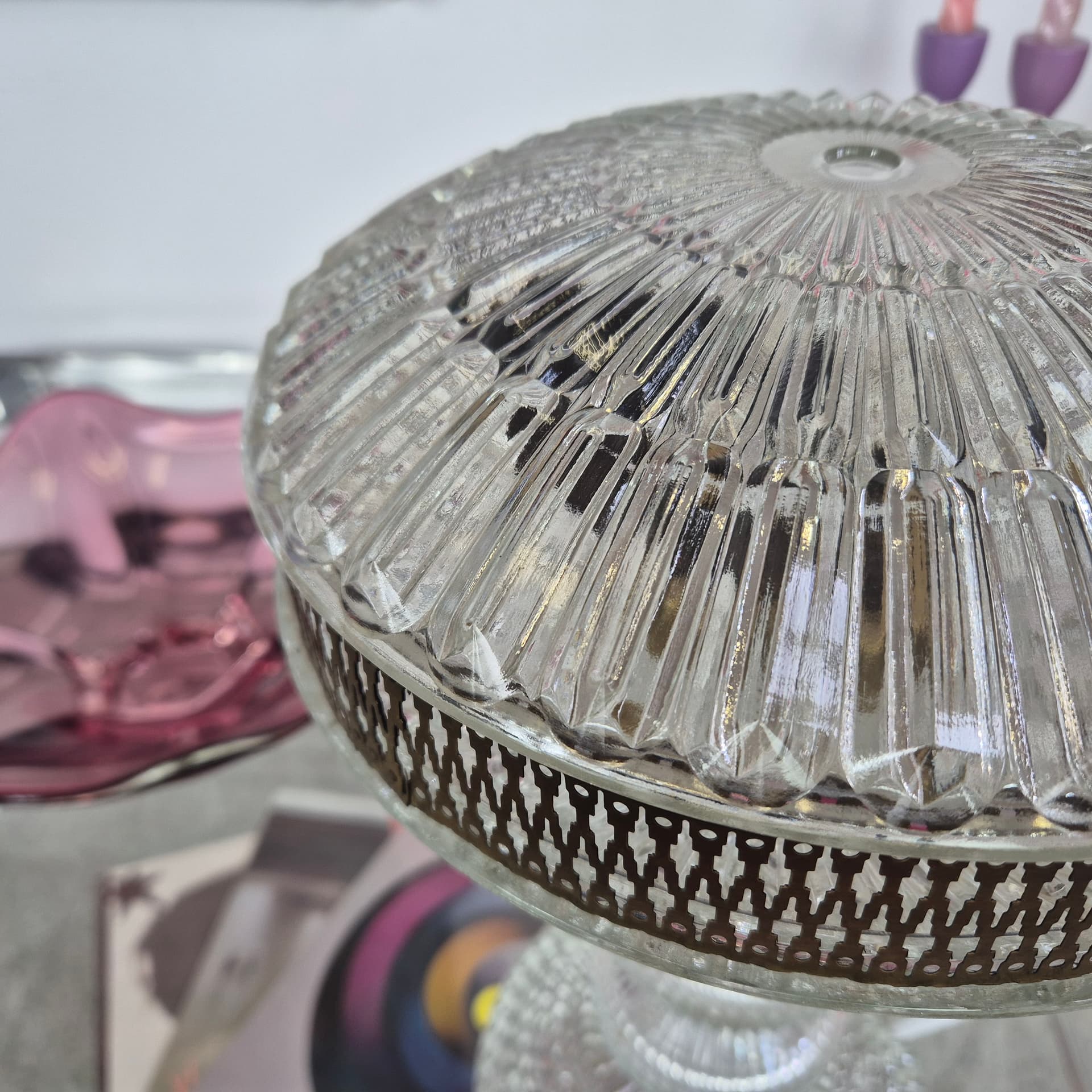 Lampa stołowa Polam Pułtusk, szkło przezroczyste, metal srebrny, Polska, lata 70. - 389950