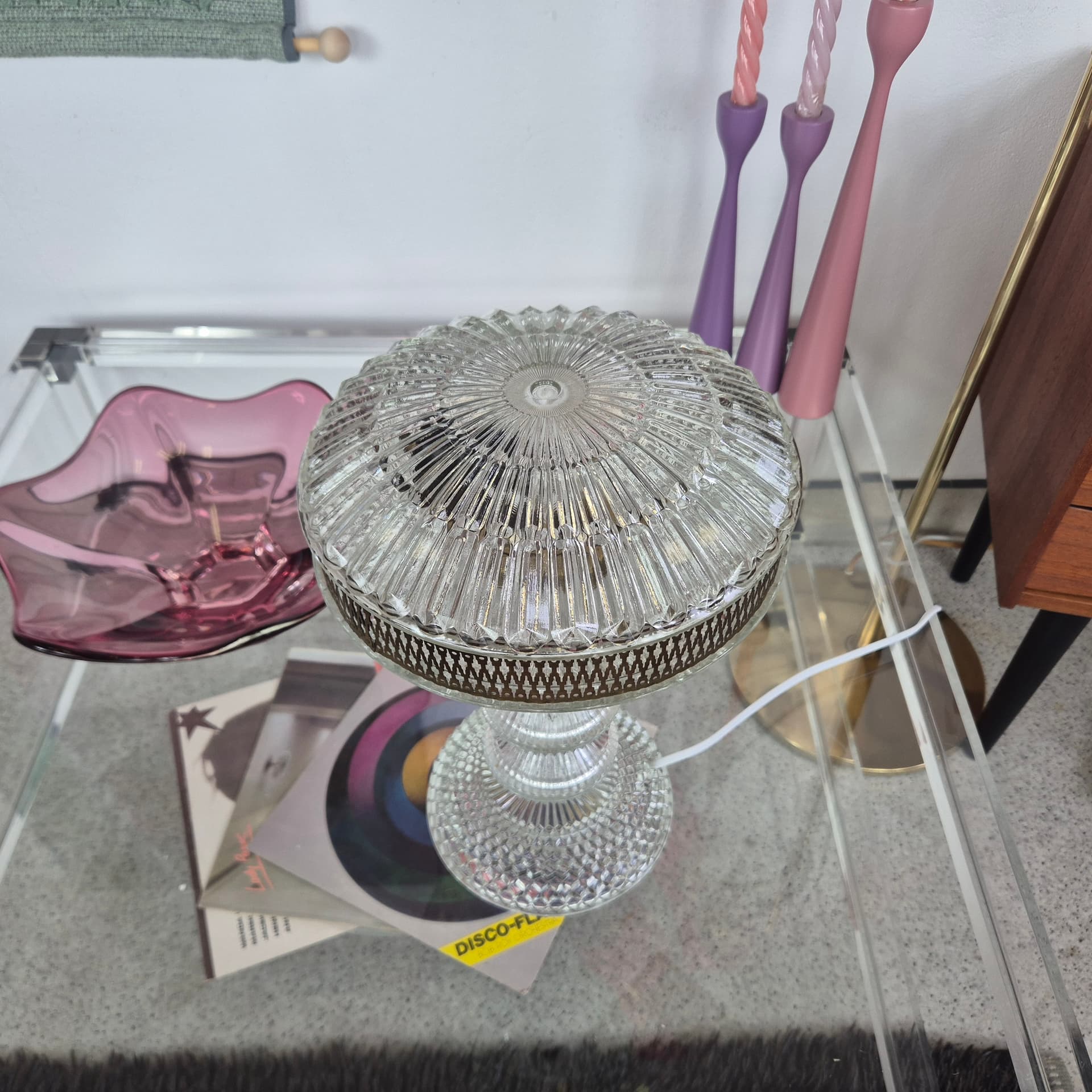 Lampa stołowa Polam Pułtusk, szkło przezroczyste, metal srebrny, Polska, lata 70. - 389949