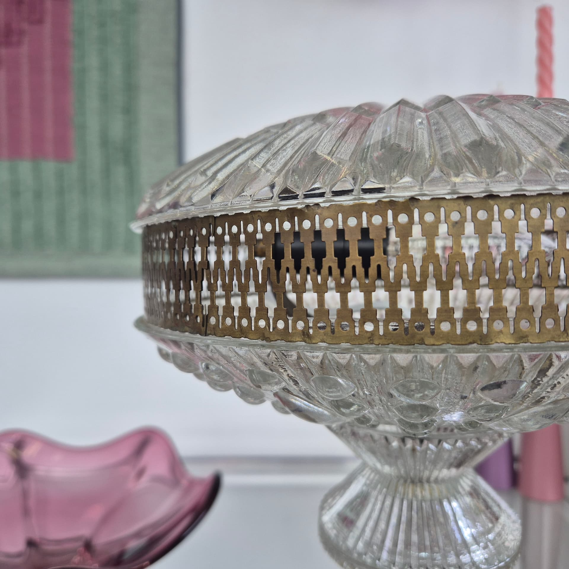 Lampa stołowa Polam Pułtusk, szkło przezroczyste, metal srebrny, Polska, lata 70. - 389951