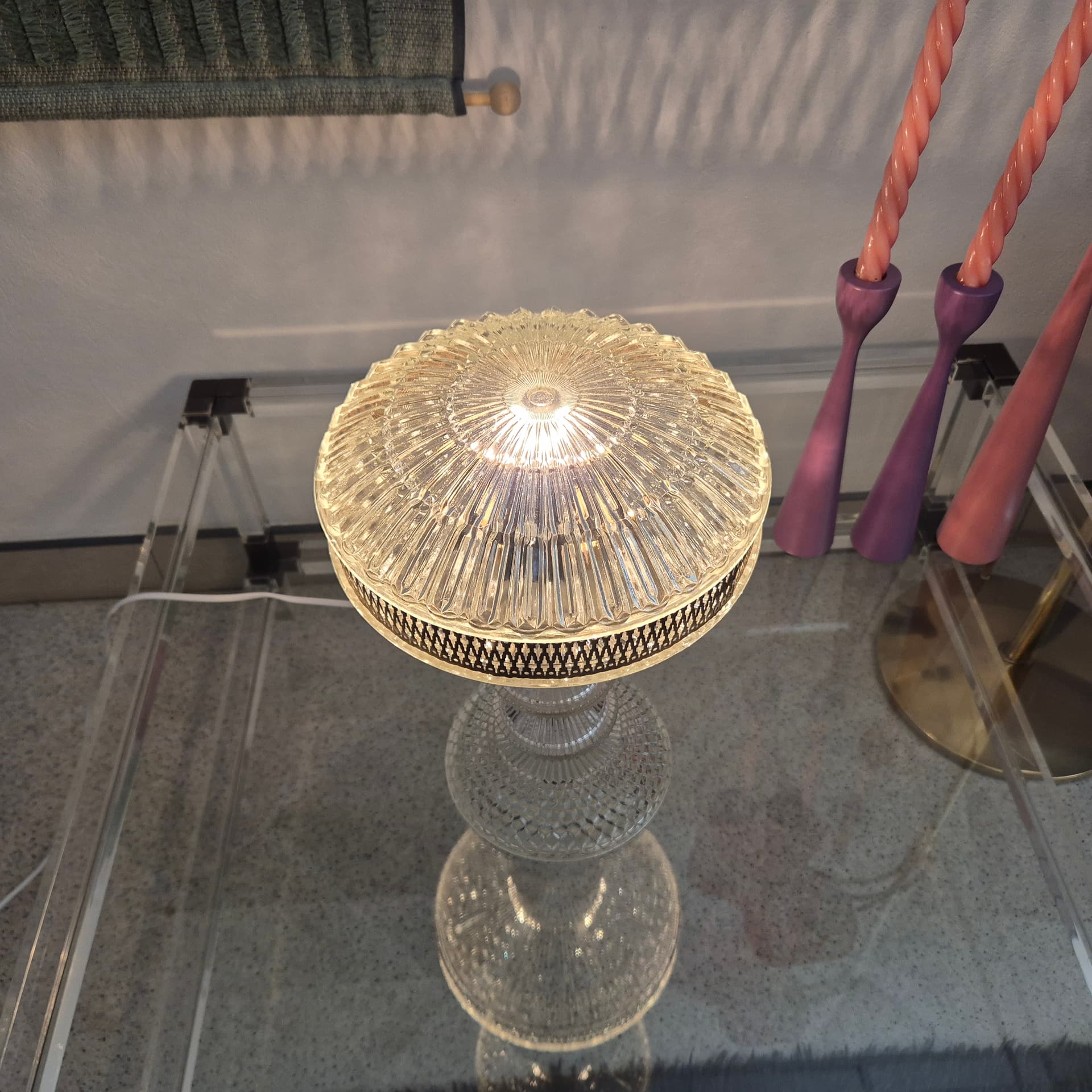 Lampa stołowa Polam Pułtusk, szkło przezroczyste, metal srebrny, Polska, lata 70. - 389953