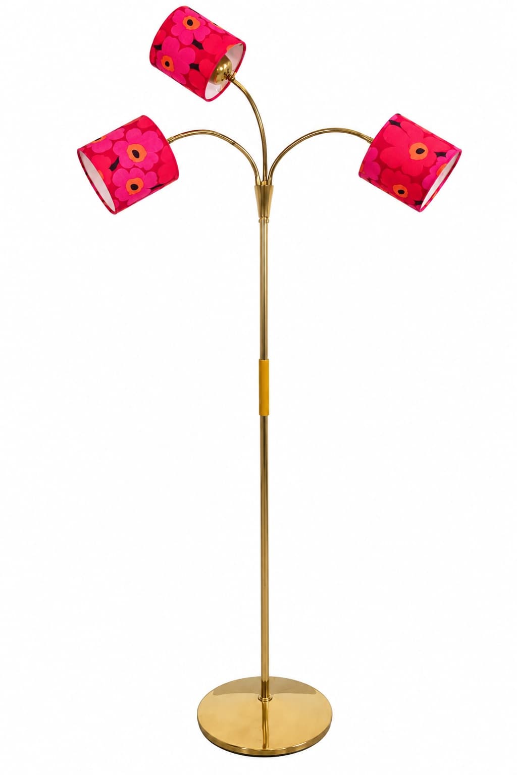 Floor lamp, Marimekko Unikko, brass gold, pink fabric, Germany, 1960s.