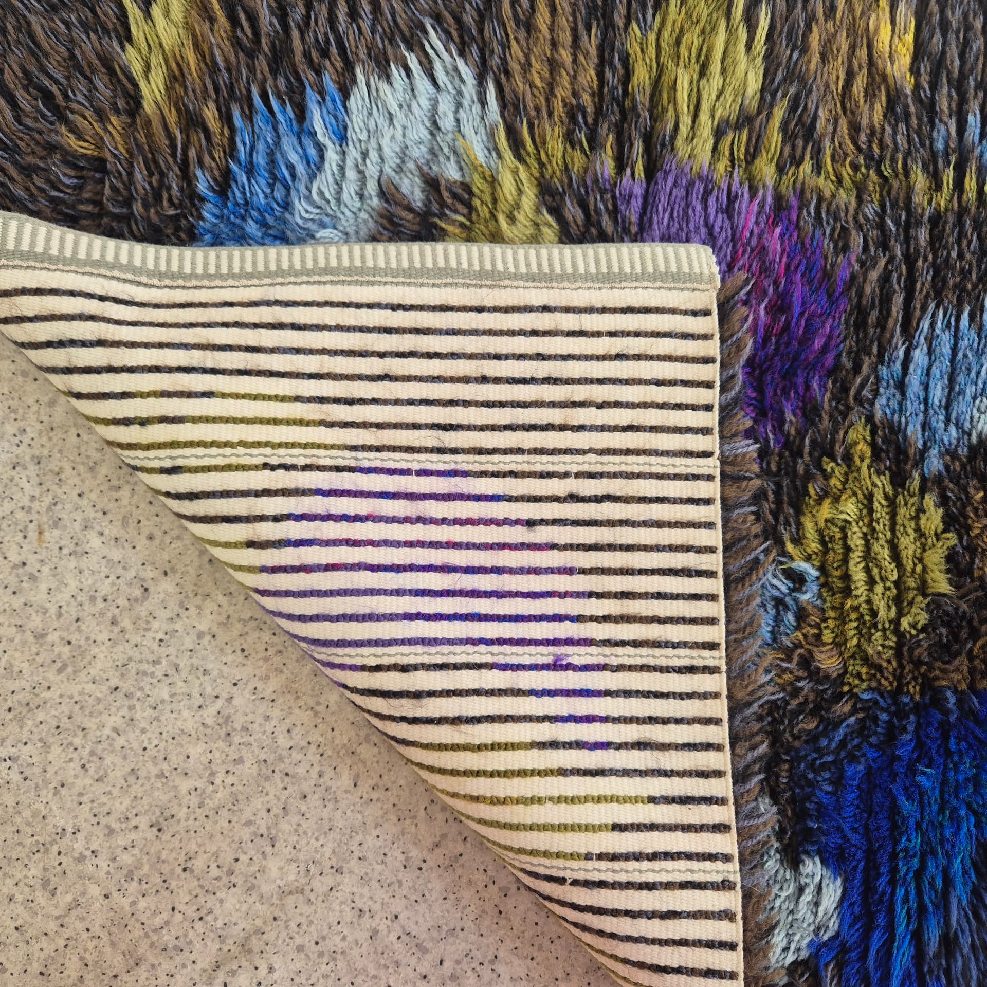 Rya rug 126x75 cm, brown blue purple green yellow pink, wool, Sweden, 1970s. - 390113