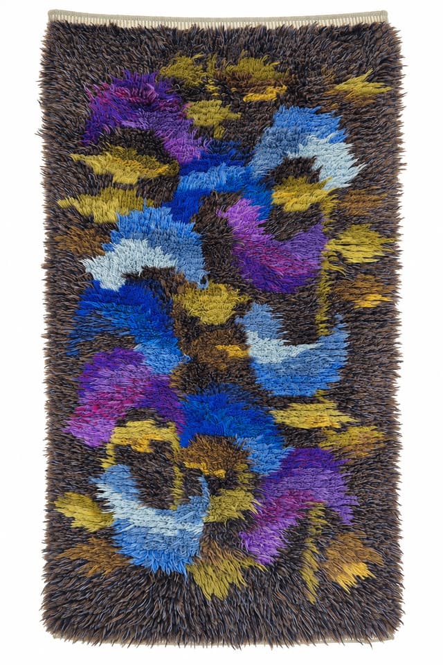 Rya rug 126x75 cm, brown blue purple green yellow pink, wool, Sweden, 1970s. - DIMENSION