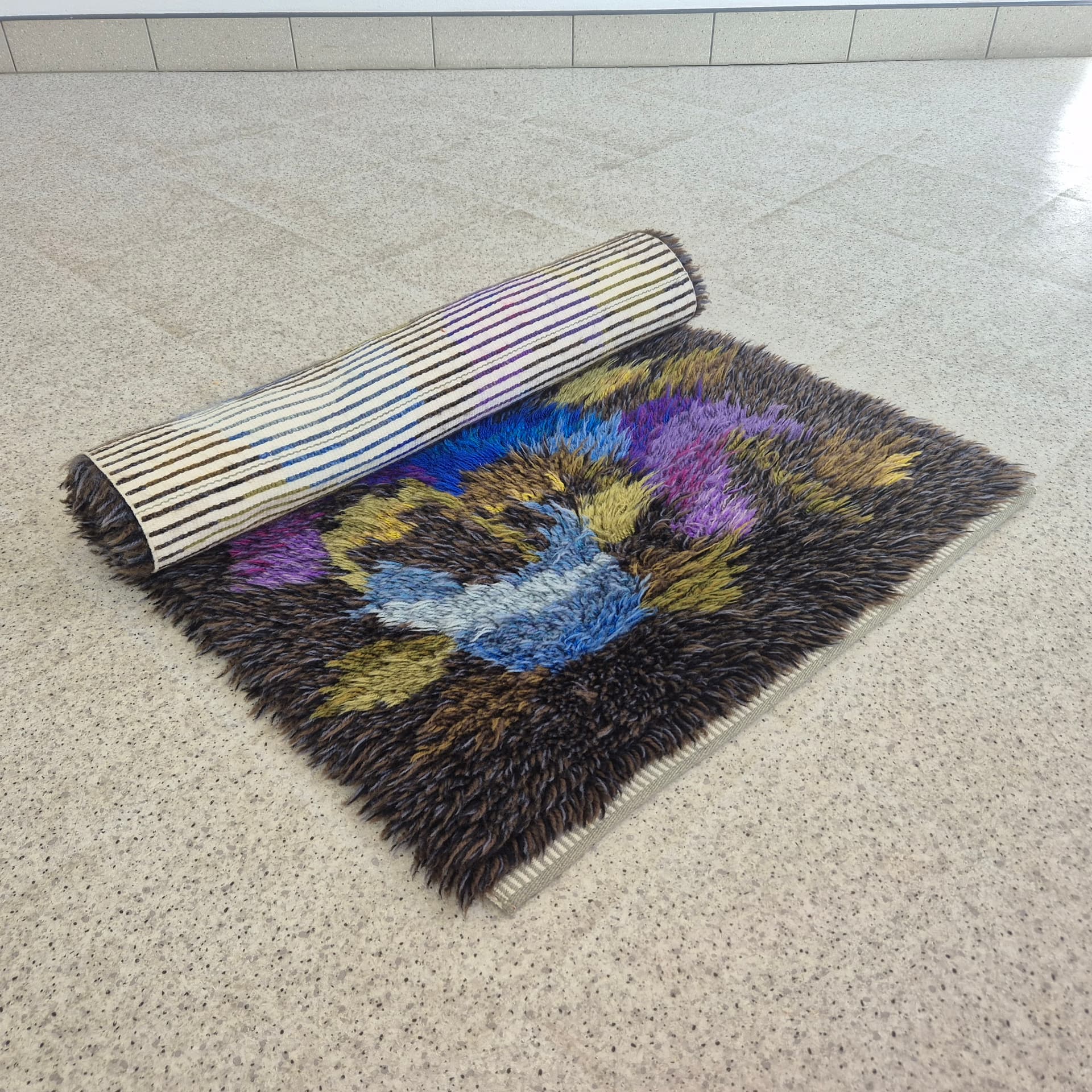 Rya rug 126x75 cm, brown blue purple green yellow pink, wool, Sweden, 1970s. - 390114
