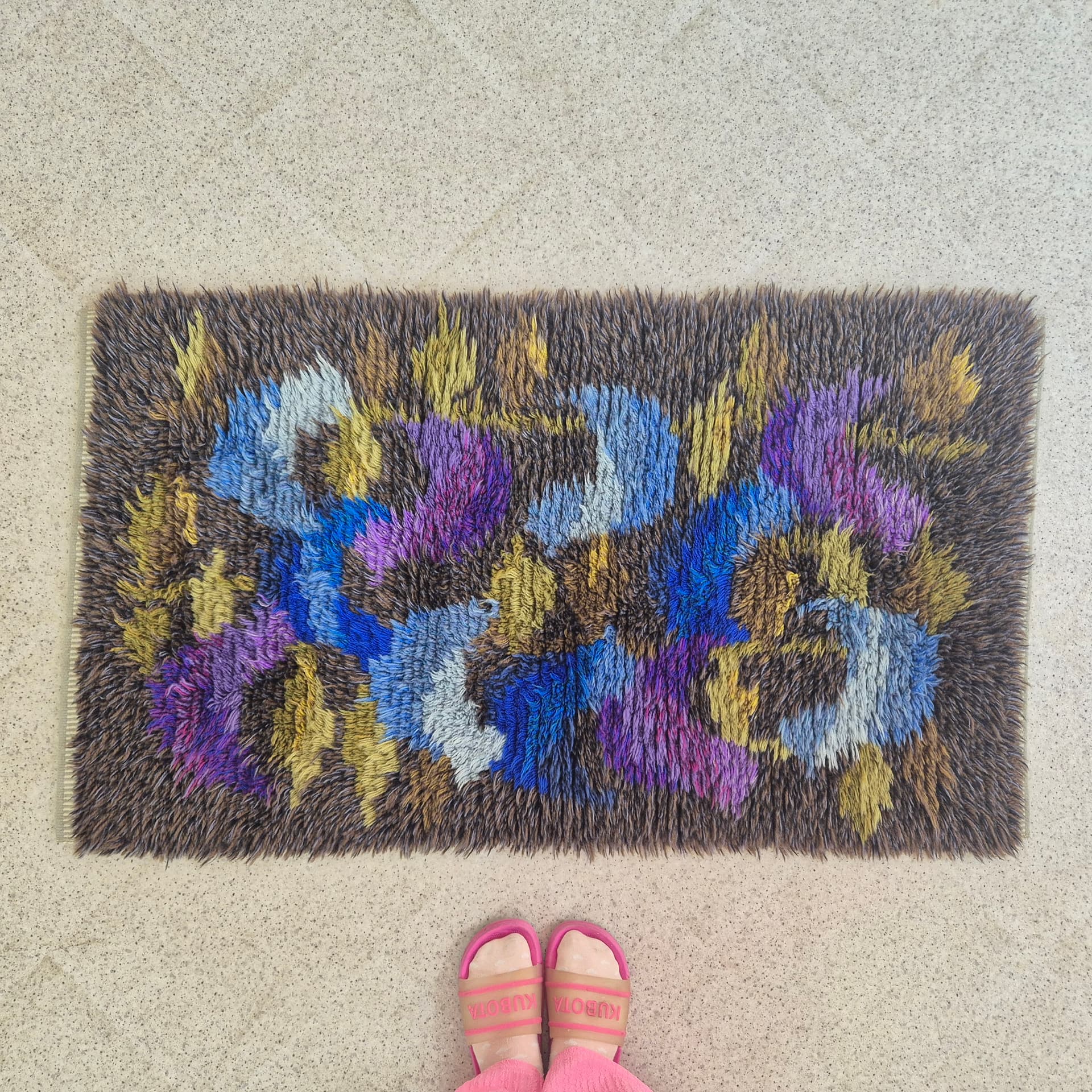 Rya rug 126x75 cm, brown blue purple green yellow pink, wool, Sweden, 1970s. - 390109