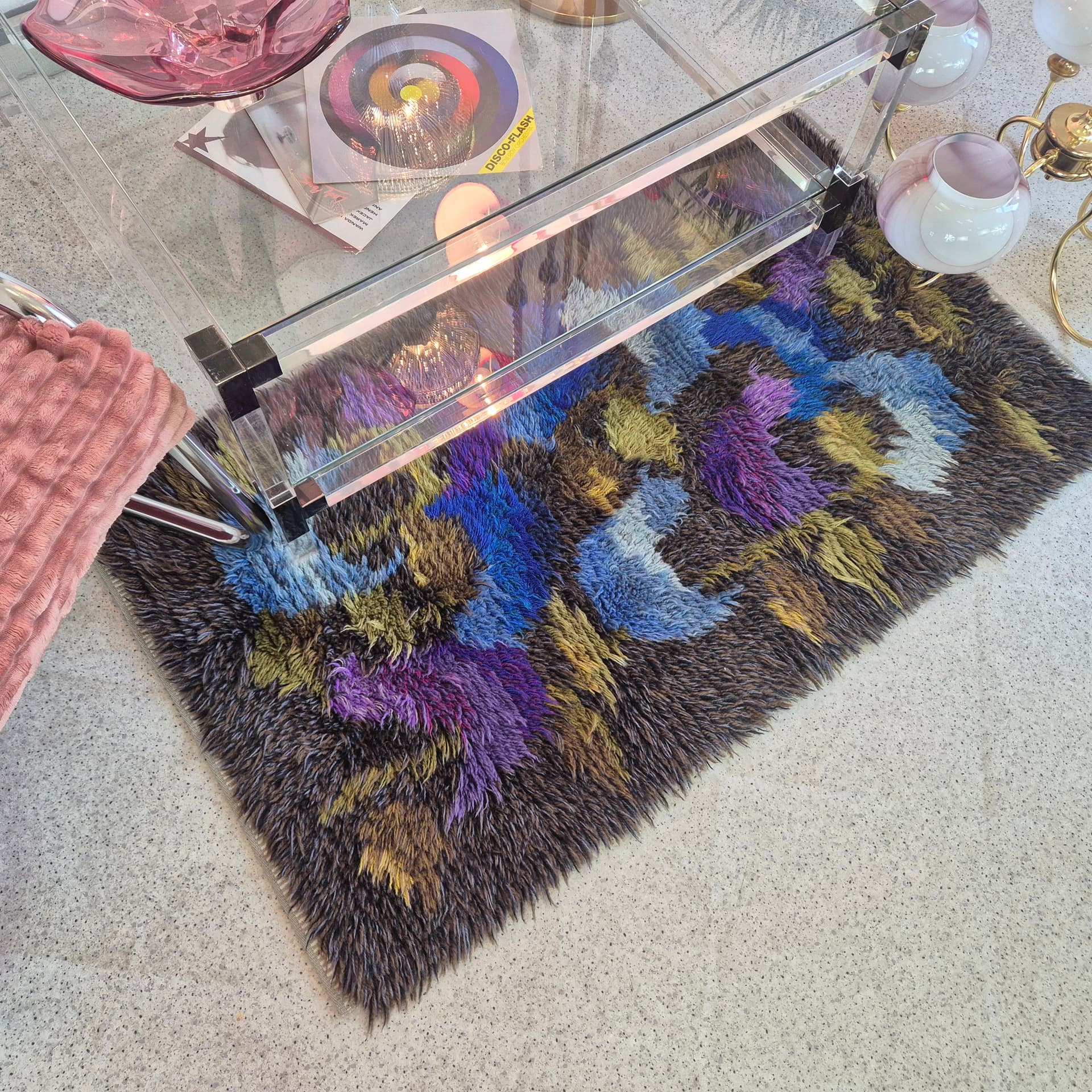 Rya rug 126x75 cm, brown blue purple green yellow pink, wool, Sweden, 1970s. - 390116