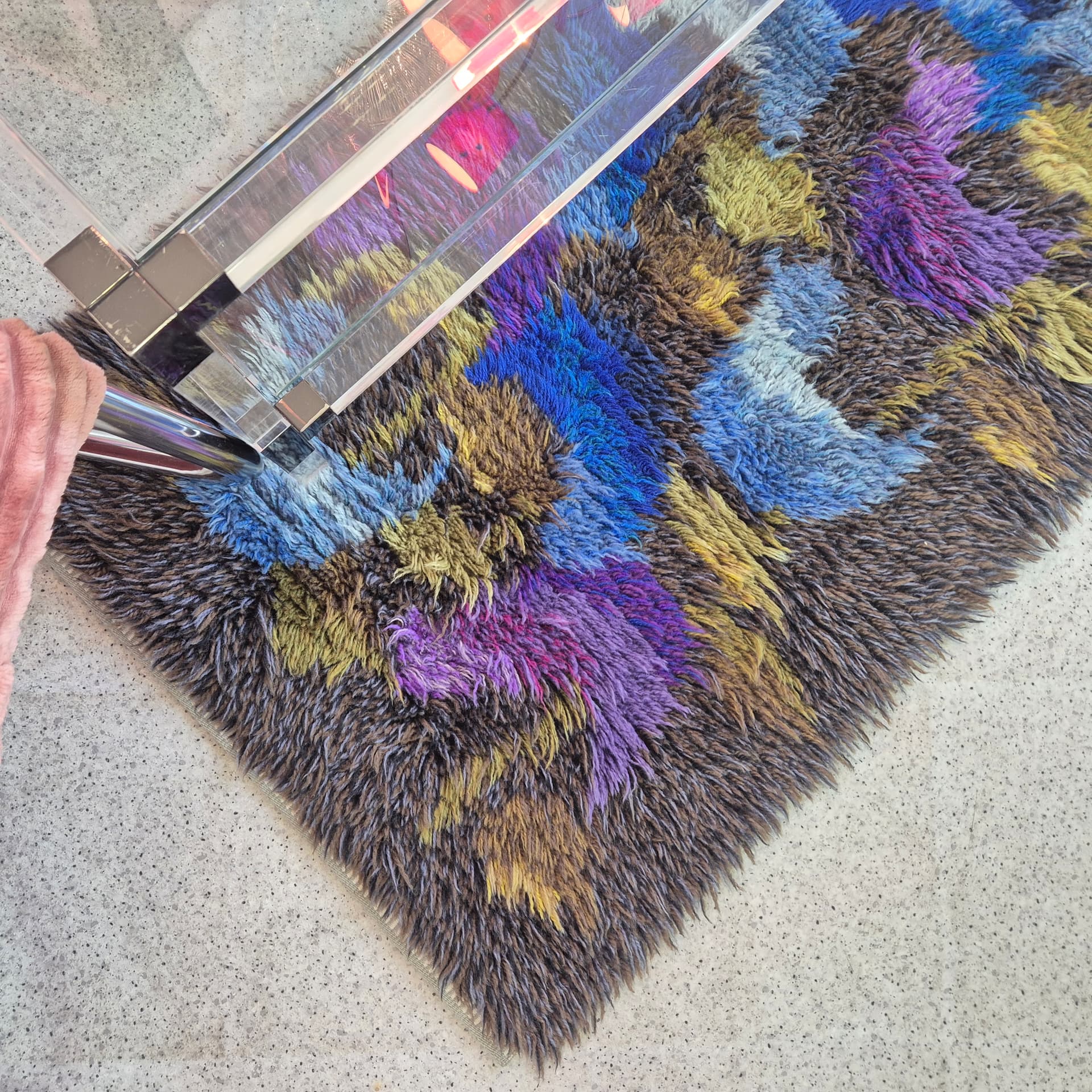 Rya rug 126x75 cm, brown blue purple green yellow pink, wool, Sweden, 1970s. - 390117