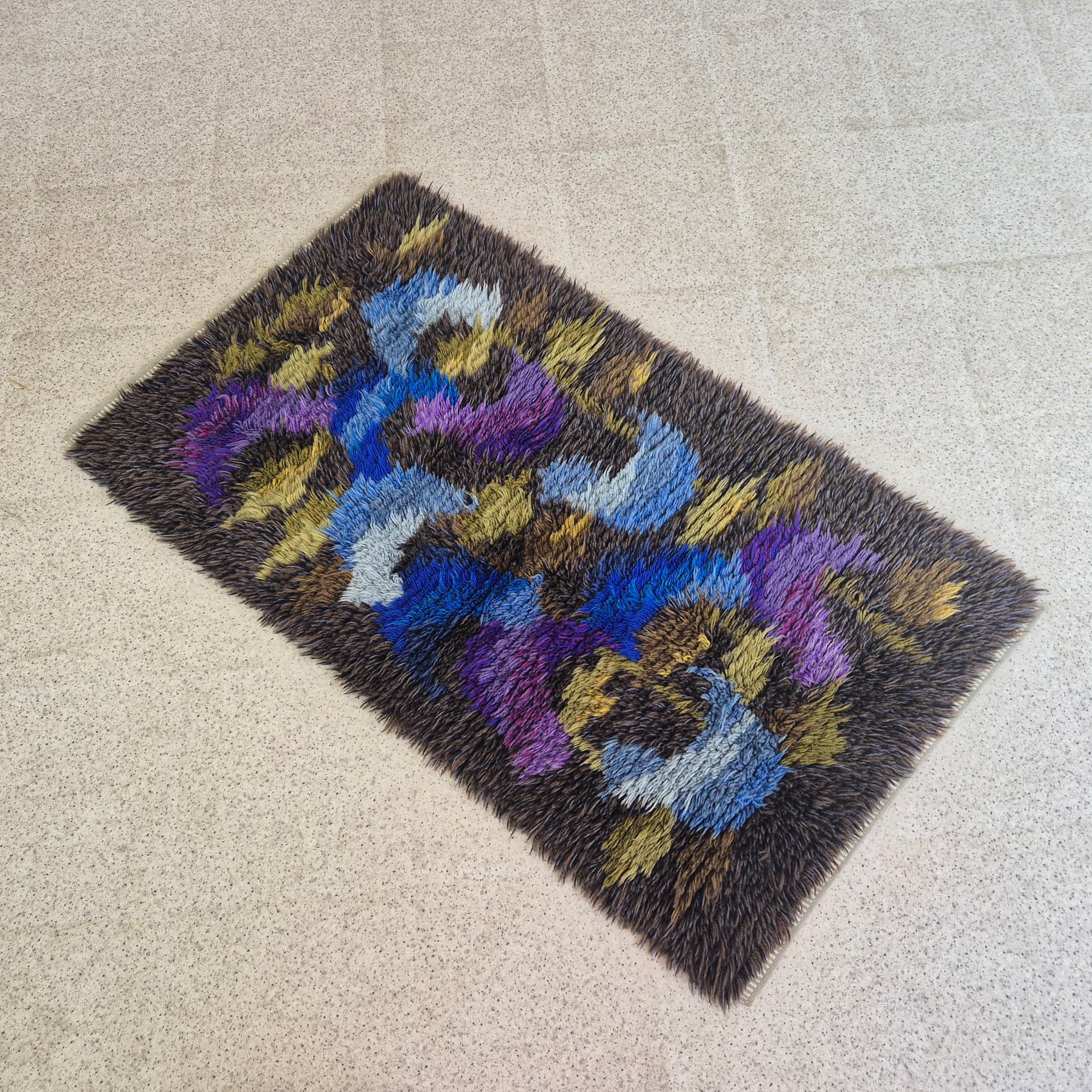 Rya rug 126x75 cm, brown blue purple green yellow pink, wool, Sweden, 1970s. - 390111