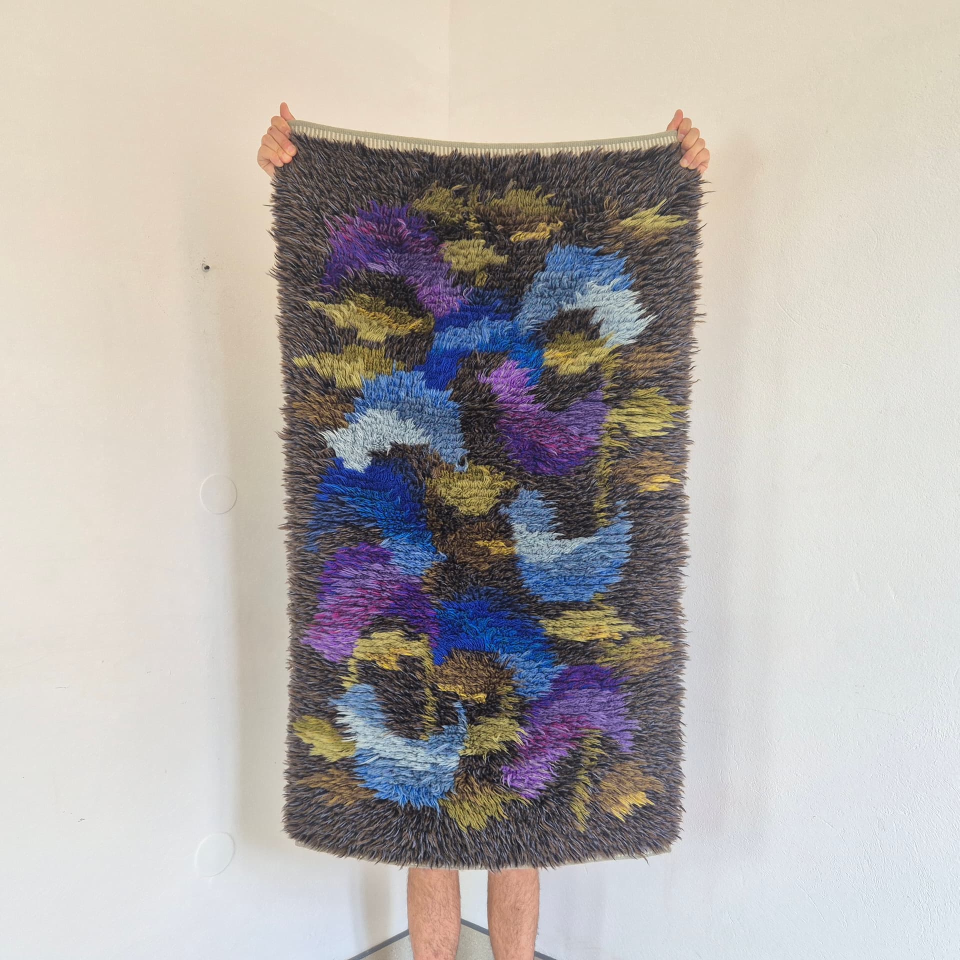 Rya rug 126x75 cm, brown blue purple green yellow pink, wool, Sweden, 1970s. - 390110