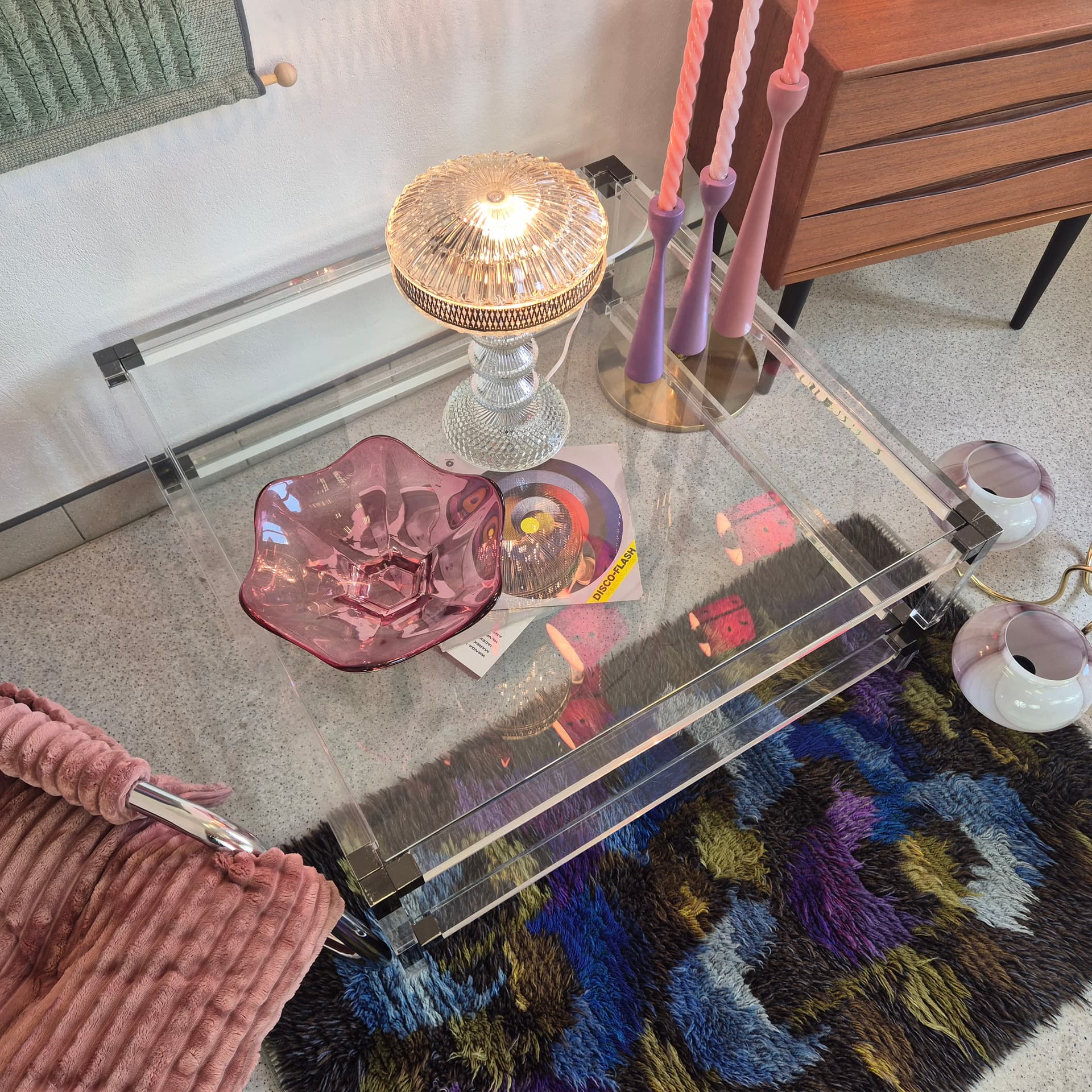 Decorative centerpiece, pink transparent glass, Czechoslovakia, 1970s. - 390152