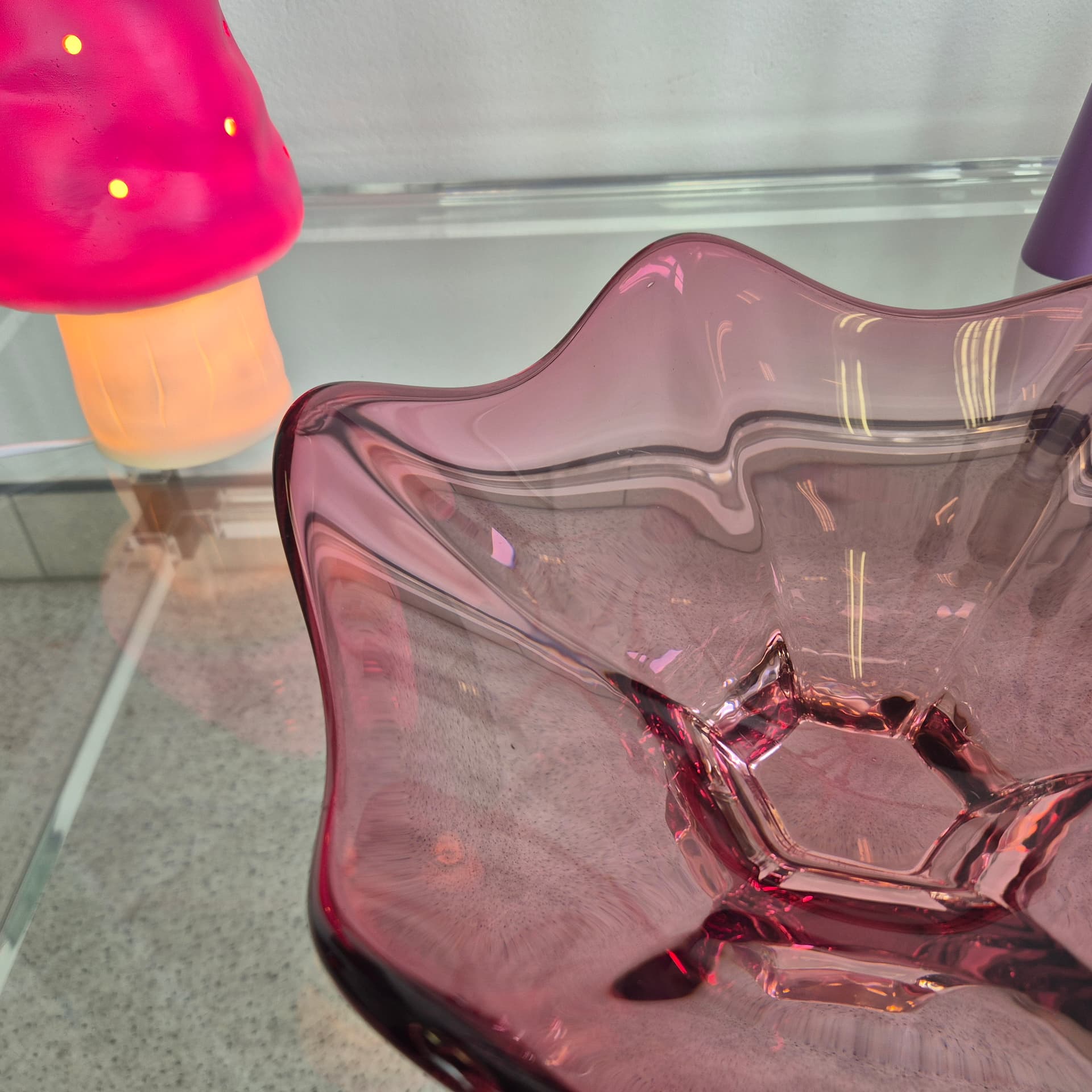 Decorative centerpiece, pink transparent glass, Czechoslovakia, 1970s. - 390156