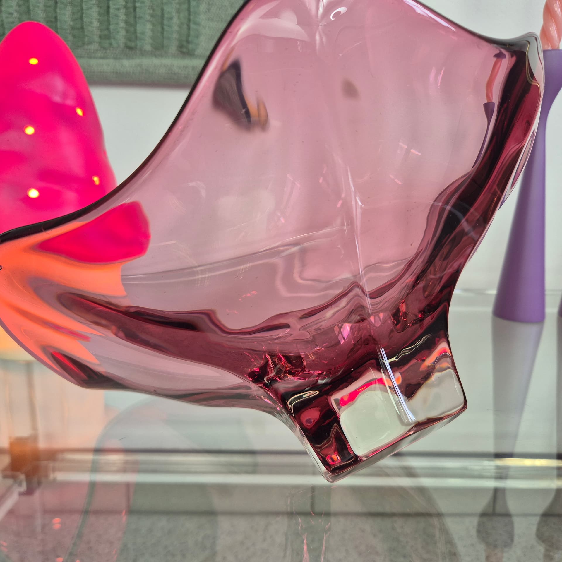 Decorative centerpiece, pink transparent glass, Czechoslovakia, 1970s. - 390158